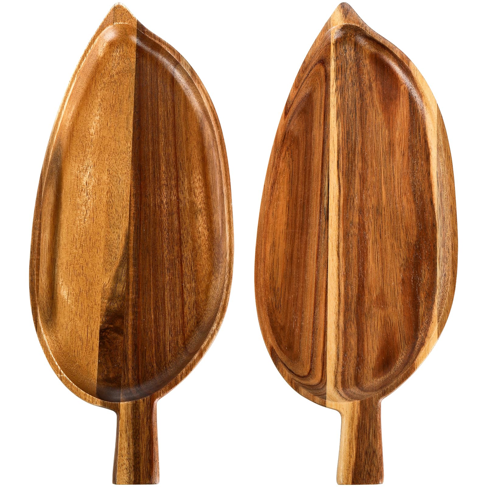 Youeon 2 Pcs Acacia Wood Serving Trays, 13'' X 5.5'' Leaf Shaped Wooden Trays For Decor, Novelty Trays For Food Serving, Small C