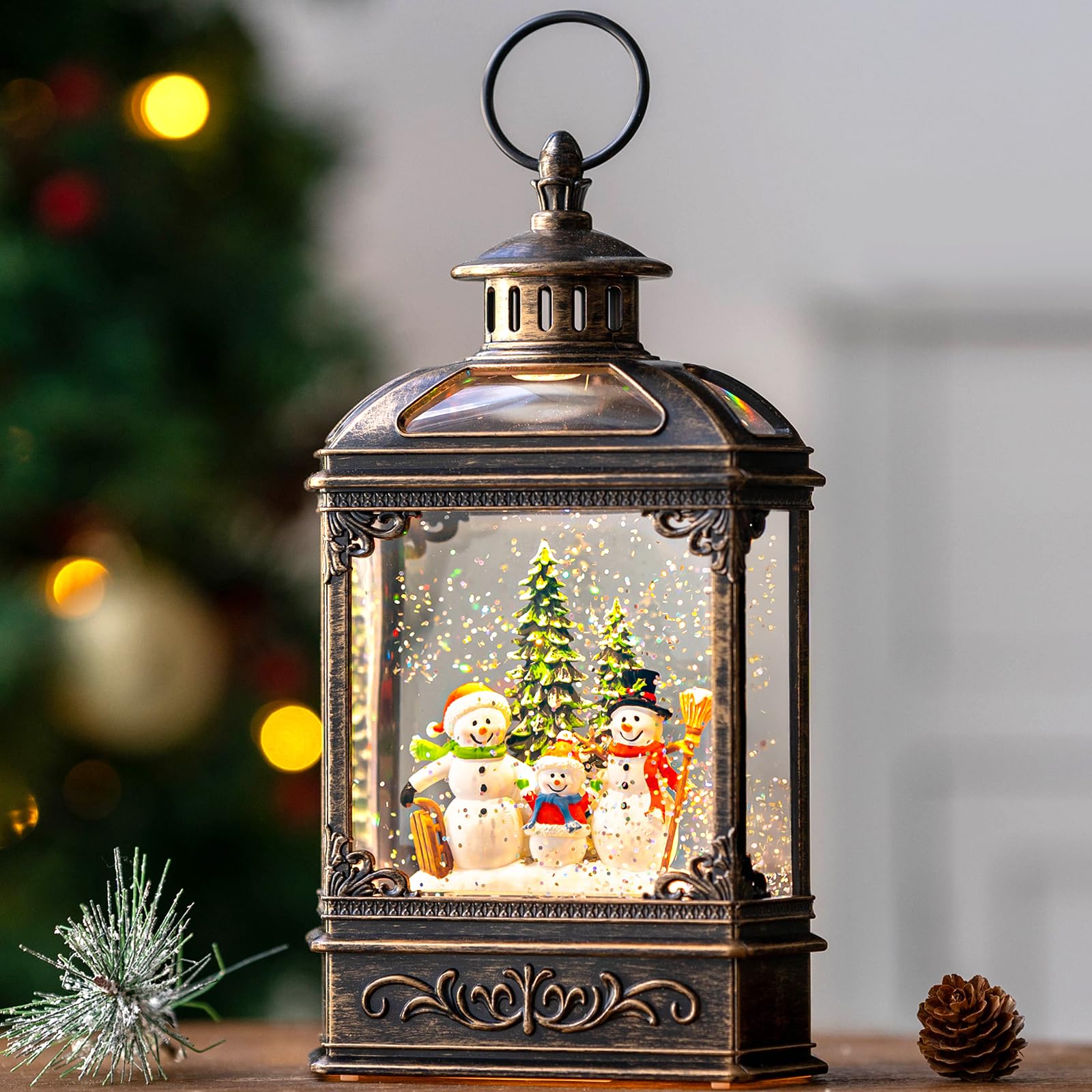 Christmas Snow Globe Lantern Water Glittering Snowman Family with Music & Timer, USB Lined/Battery Operated Lighted Lantern for 