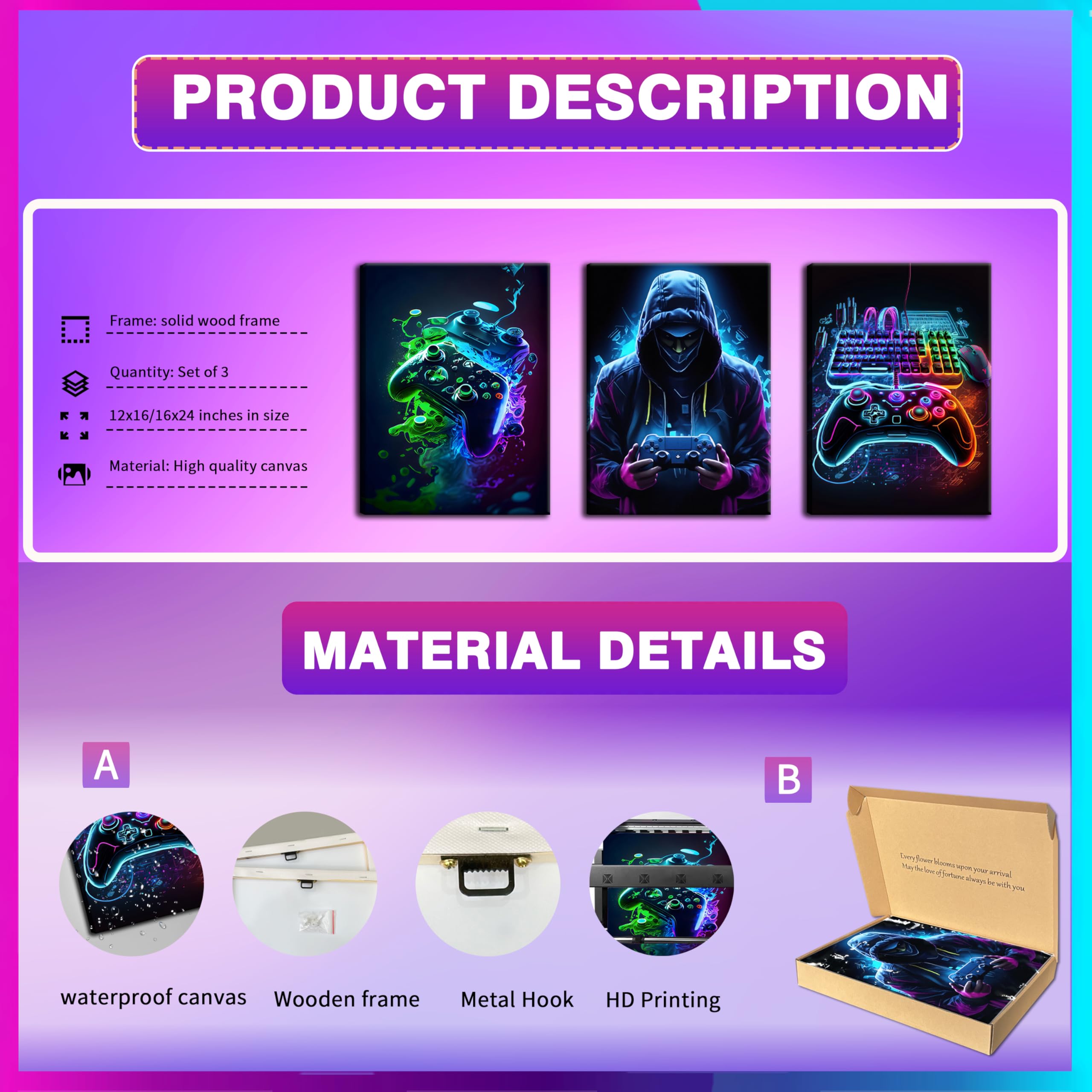 Bgfce Cool Gaming Canvas Wall Art Set Of 3, Retro Video Game Watercolor Poster Pictures, Neon Gamepad Gamepad Painting Prints Ga