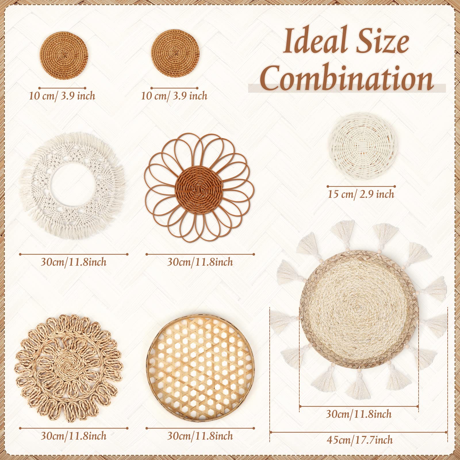 Set Of 8 Boho Wall Basket Decor Flat Woven Basket Wall Decor Set Rattan Wall Decor Round Bamboo Hanging Wall Basket Macrame Tass