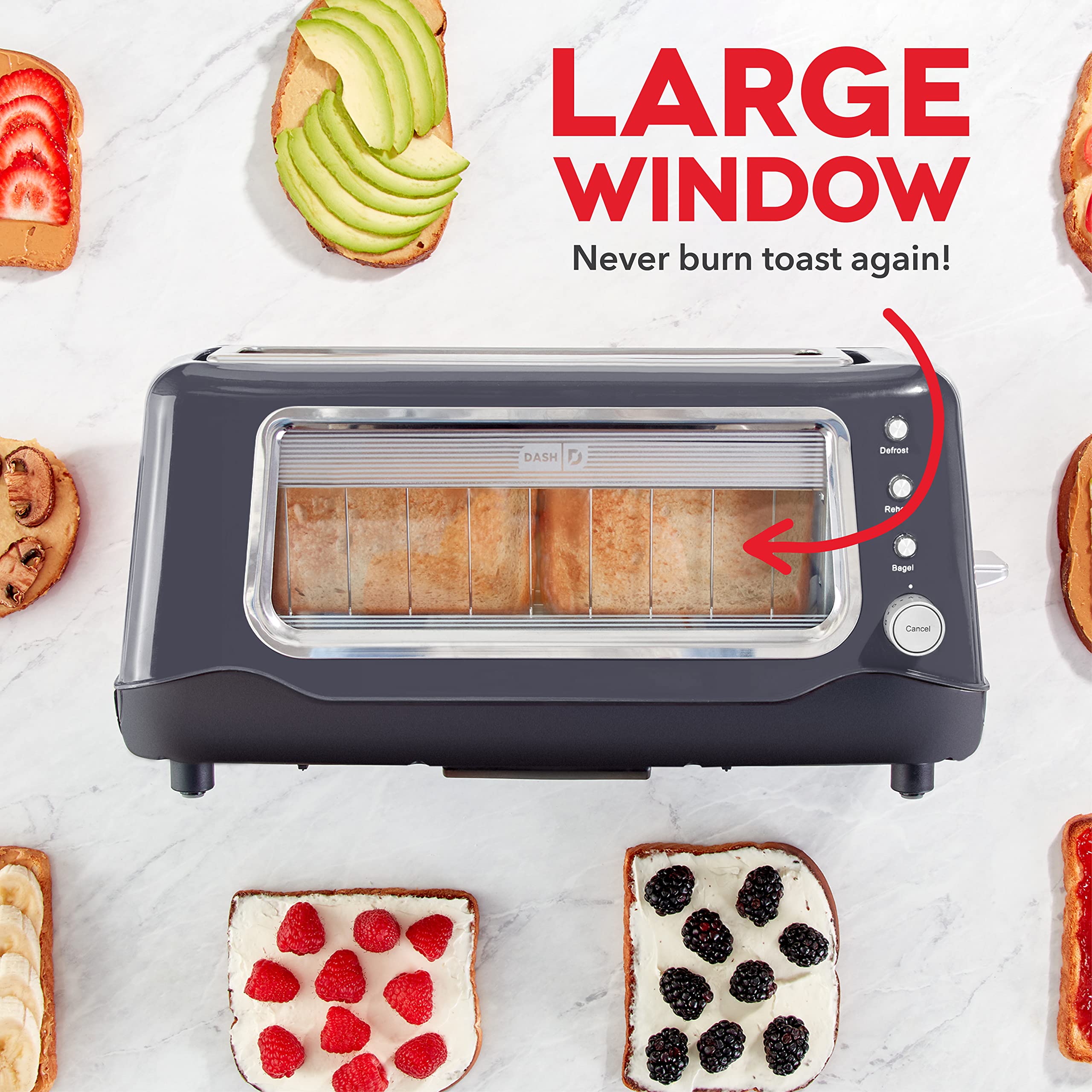 Dash Clear View Toaster: Extra Wide Slot Toaster With See Through Window - Defrost, Reheat + Auto Shut Off Feature For Bagels, S