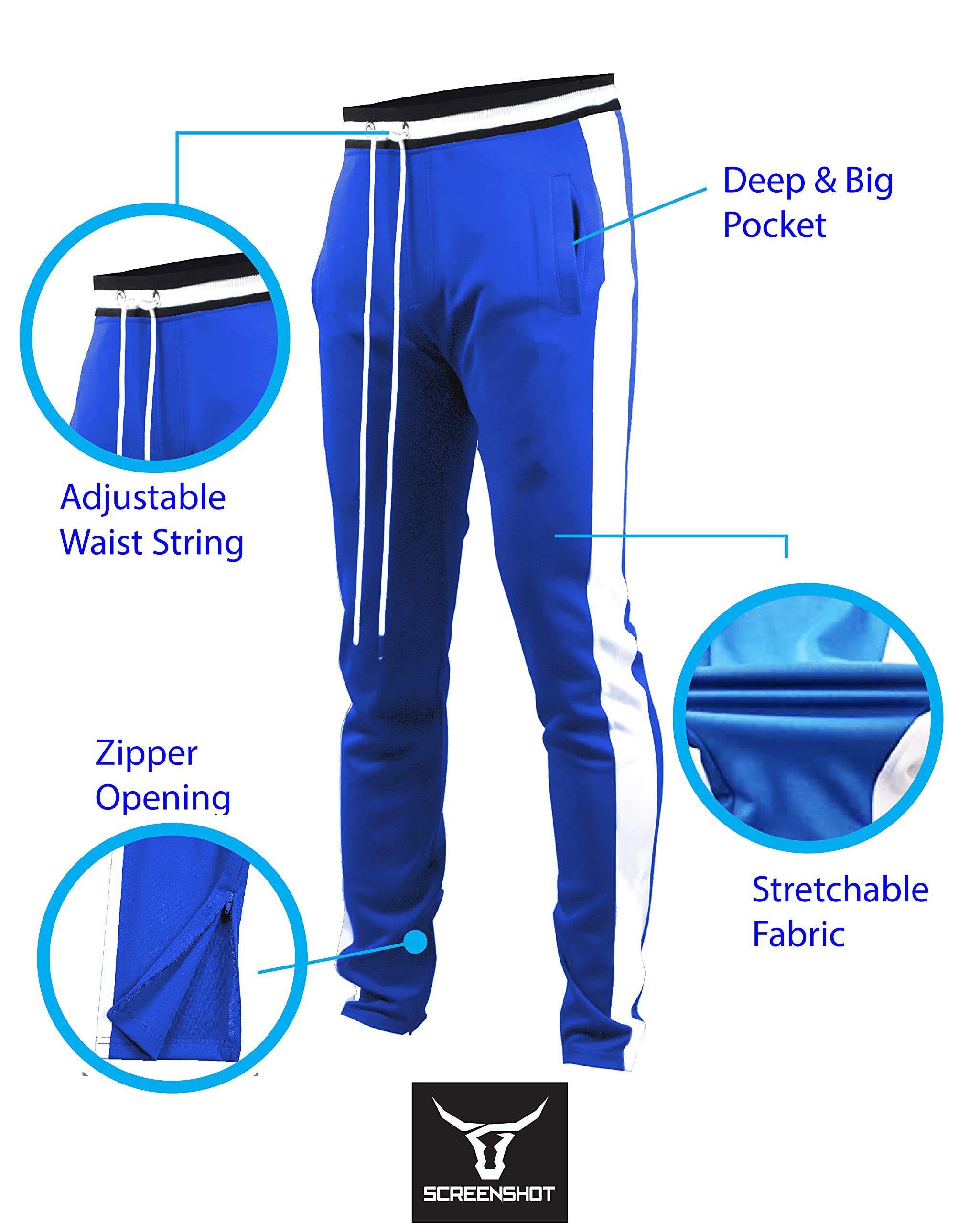Screenshotbrand-S41700 Mens Hip Hop Premium Slim Fit Track Pants - Athletic Jogger Bottom With Side Taping-Royal-3Xlarge