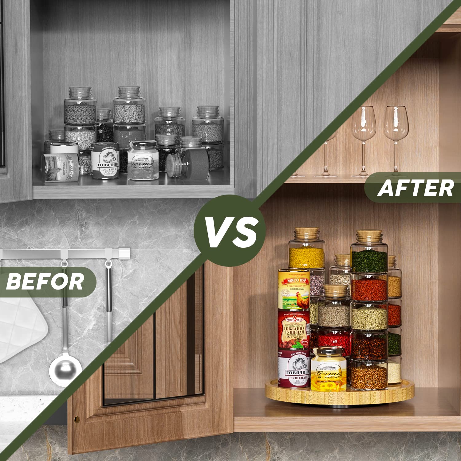 Lazy Susan Organizer, 10 Inch Non-Skid Bamboo Turntable Organizer For Salt Pepper Olive Oil And Spices Next To Stove, Wooden Laz