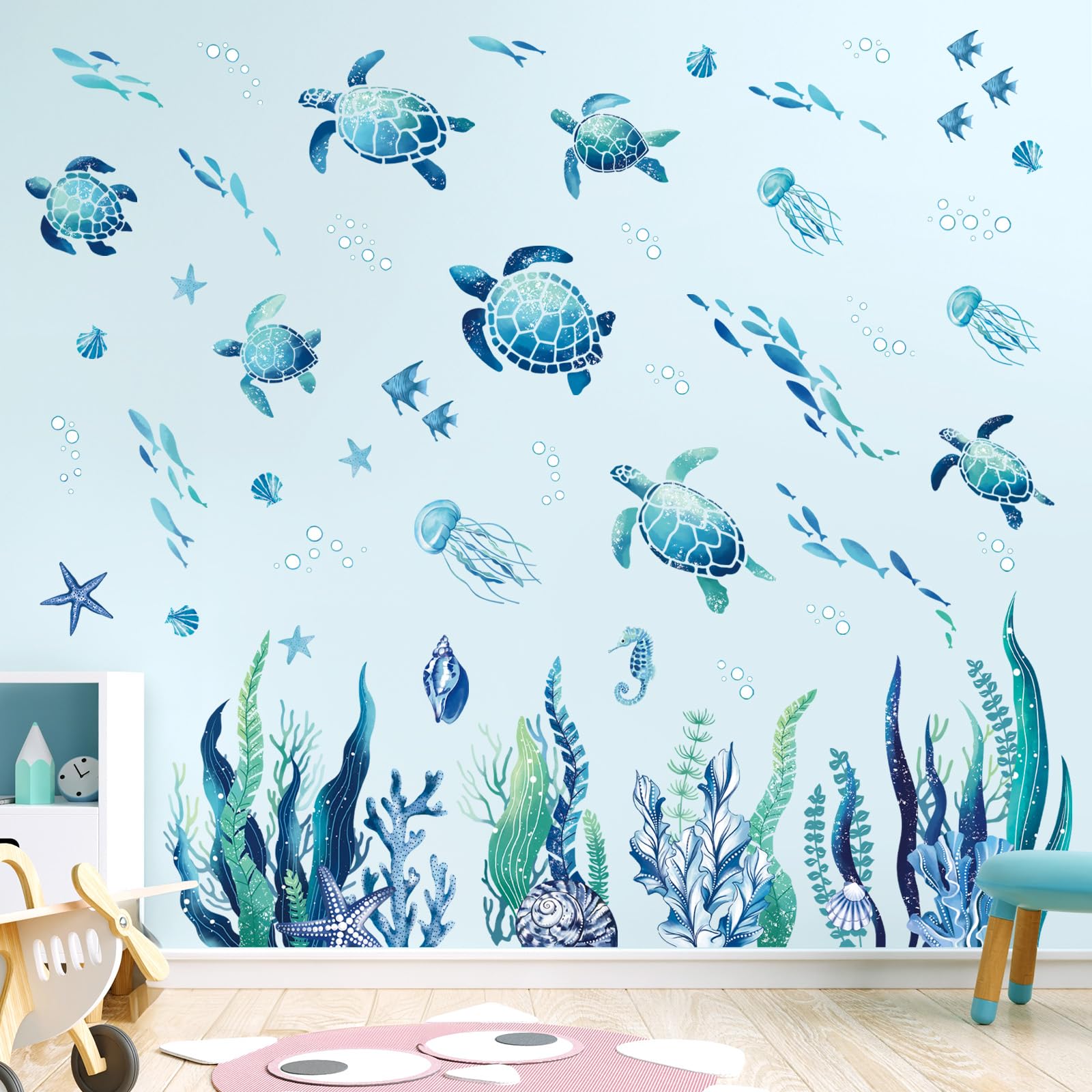 Decalmile Under The Sea Seaweed Wall Decals Sea Turtle Ocean Grass Jellyfish Wall Stickers Baby Nursery Bedroom Bathroom Wall De