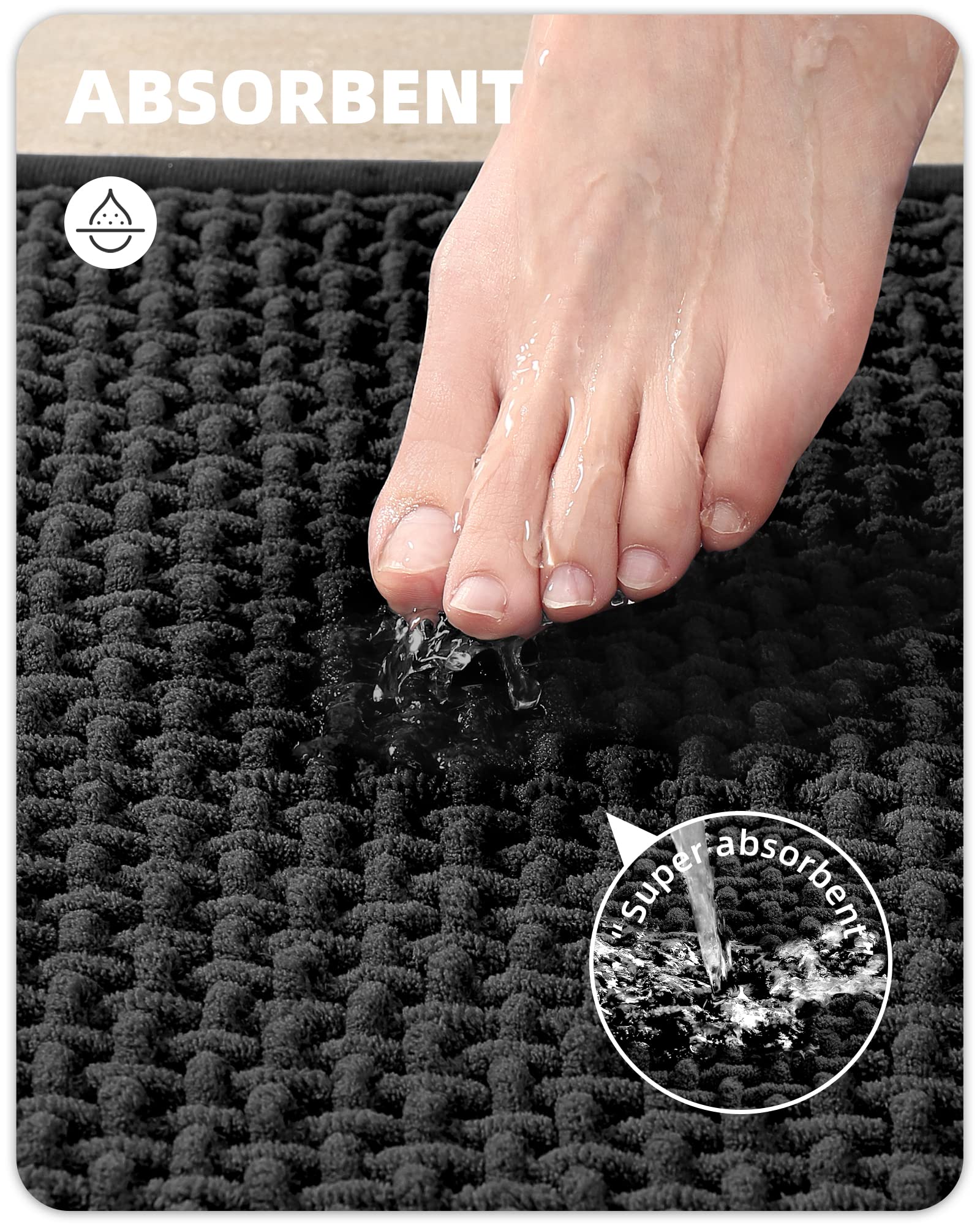 Color&Geometry Chenille Rubber Backed Black Bathroom Rug- Non Slip, Absorbent, Quick Dry, Washable- 16''X24'' Small Bath Mat Thi