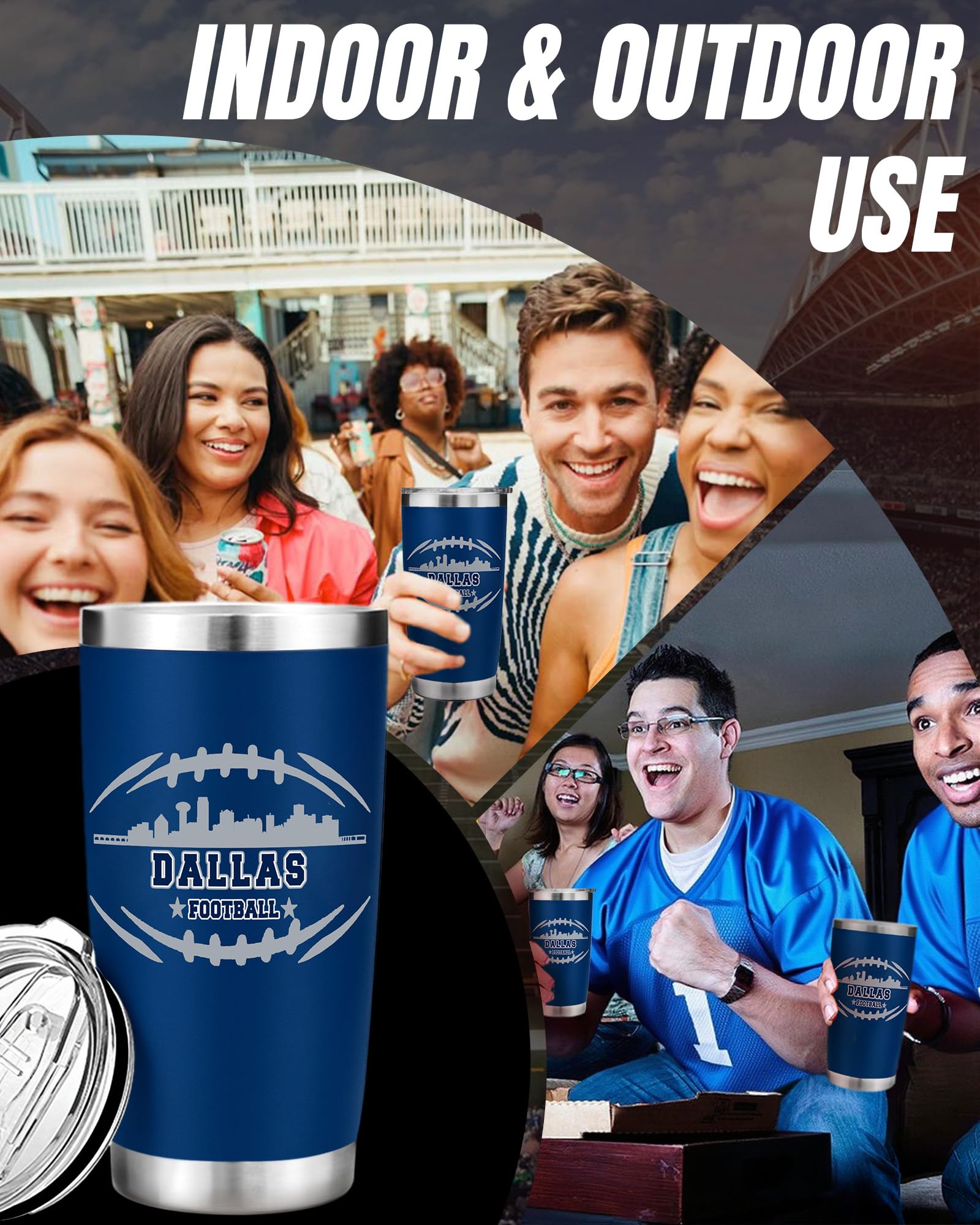 Football Fan 20 Oz Insulated Travel Coffee Cup Mug Tumbler with Lid Dallas Themed Merch Shop Men Women Sport Stuff Gear Apparel