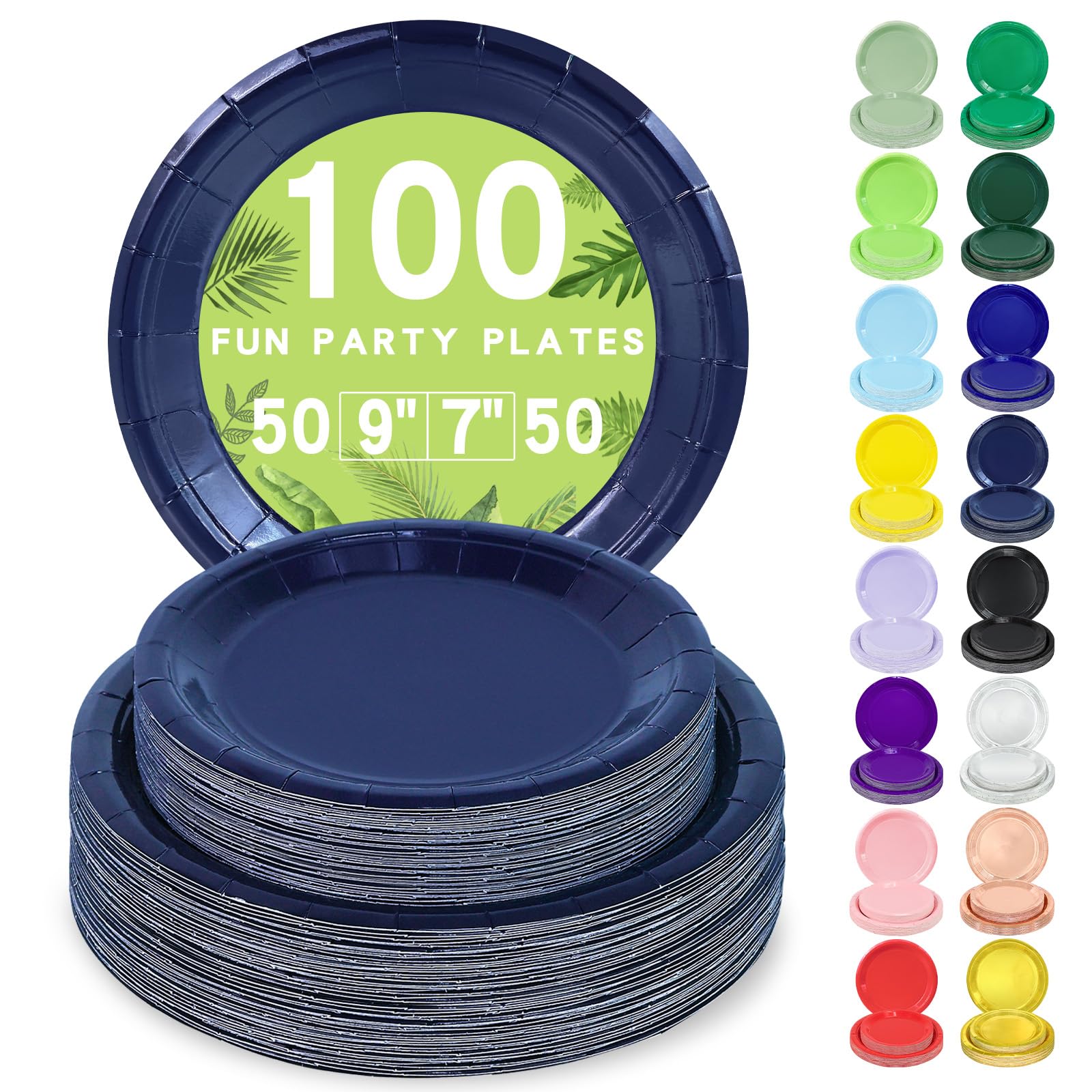 LANLISA 100 Navy Blue Paper Plates Set Includes 50-9 & 50-7 Disposable Dessert Cake Paper Plates For Party Supplies