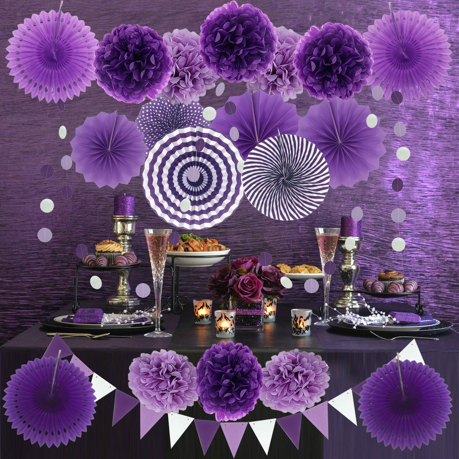 ZERODECO Party Decoration  21 Pcs Purple and Lavender Hanging Paper Fans  Pom Poms Flowers  Garlands String Polka Dot and Triangle Bunting Flags for Birthday Parties  Wedding  Mermaid Party