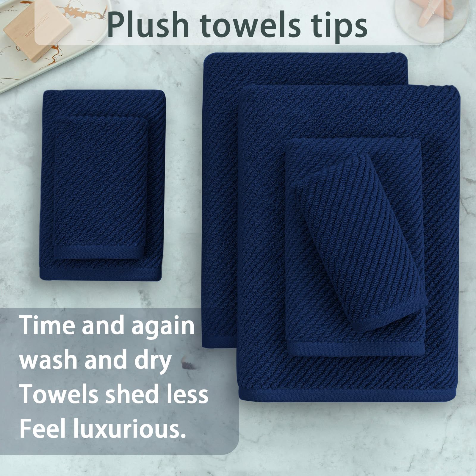 Navy Blue Bathroom Towels - 100% Cotton | Quick Dry | Light Weight | Thick | Soft , Towel Set Of 6, 2 Large Bath Towels 30''X56'
