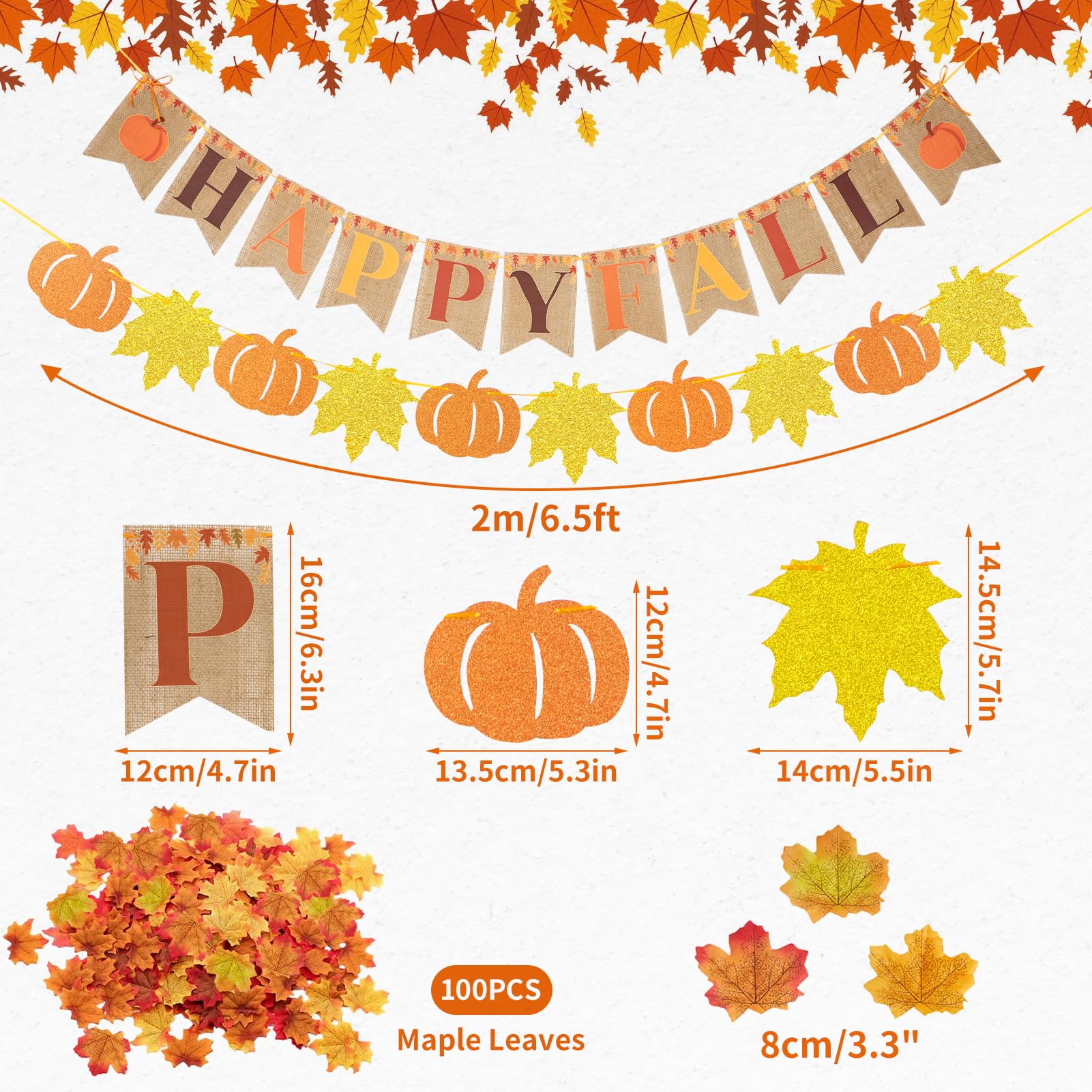 Homarkable Pre-Strung Happy Fall Burlap Banner, Pumpkin Banner, and 100 Pcs Maple Leaf Confetti for Autumn Fall Thanksgiving Hom