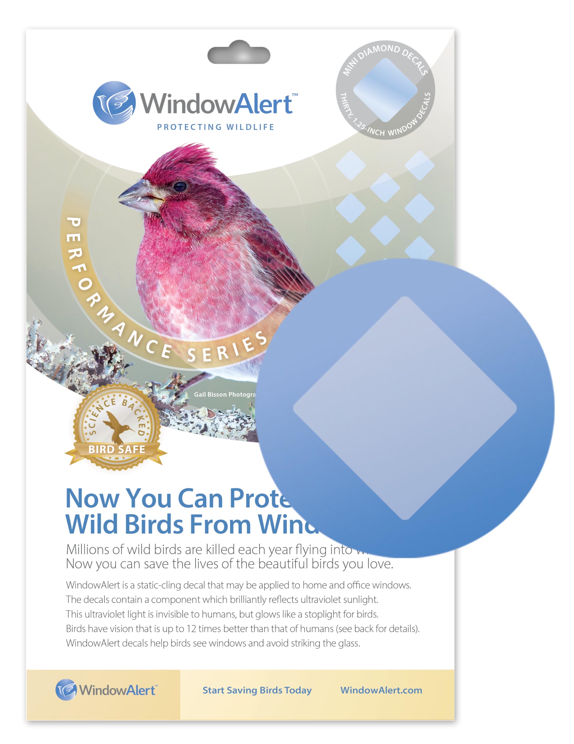 WindowAlert Performance Series Diamond Anti-Collision Decal - UV-Reflective Window Decal to Protect Wild Birds from Glass Collis