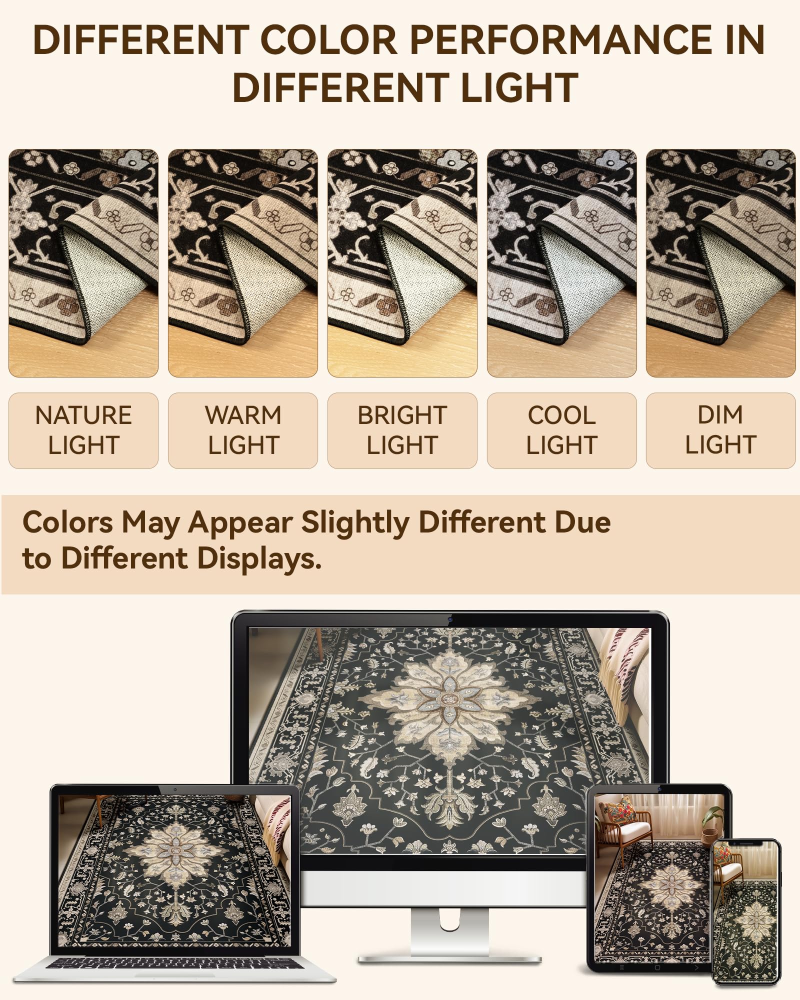 RELEANY Area Rugs 6x9 Washable Non-Slip, Floral Vintage Distress Print Pattern Medallion Carpet for Living Room Bedroom Dining