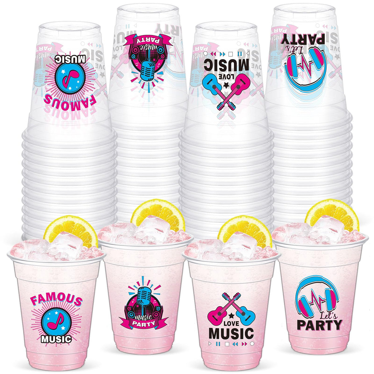 Yaomiao 50 Pieces Music Party Plastic Cups 12 Oz Bulk Musical Clear Disposable Cups Rock And Roll Party Drinking Beverage Cups F