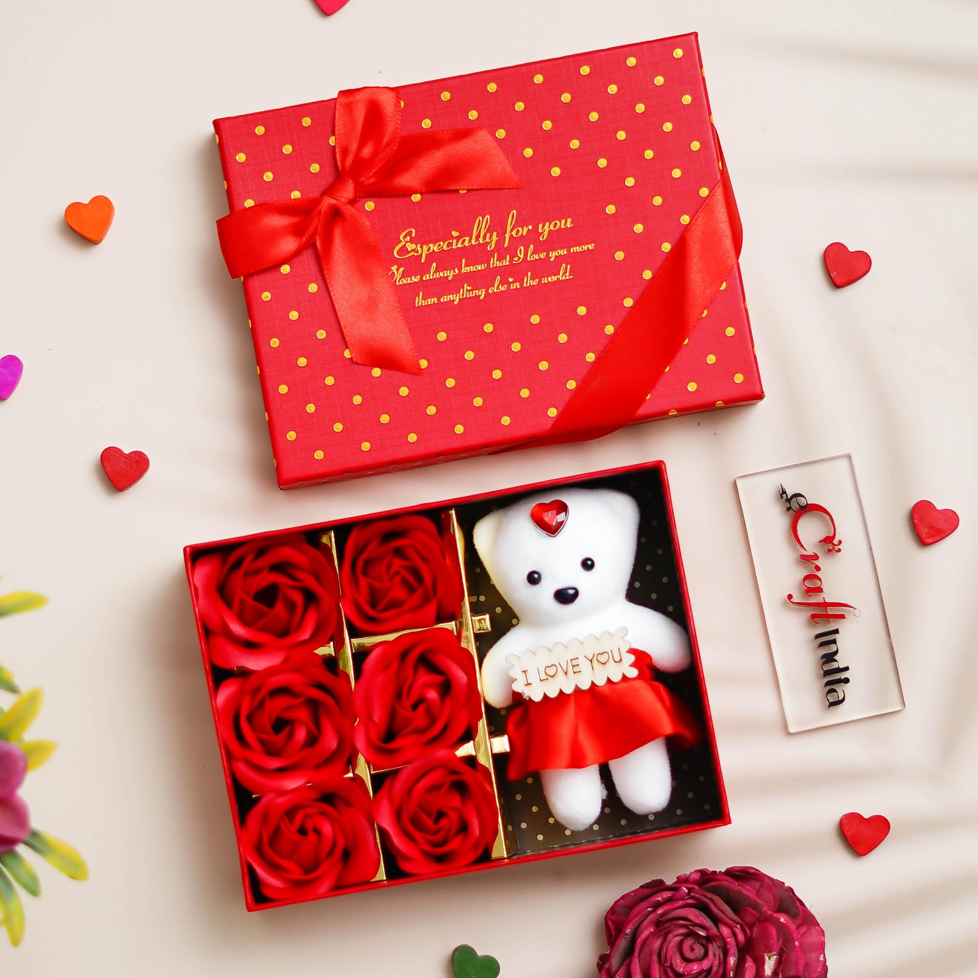 Ecraftindia Valentine Gift For Girlfriend Boyfriend | I Love You Cute Teddy Bear, Red Roses Gift Box | Valentine Day Gift For Hu