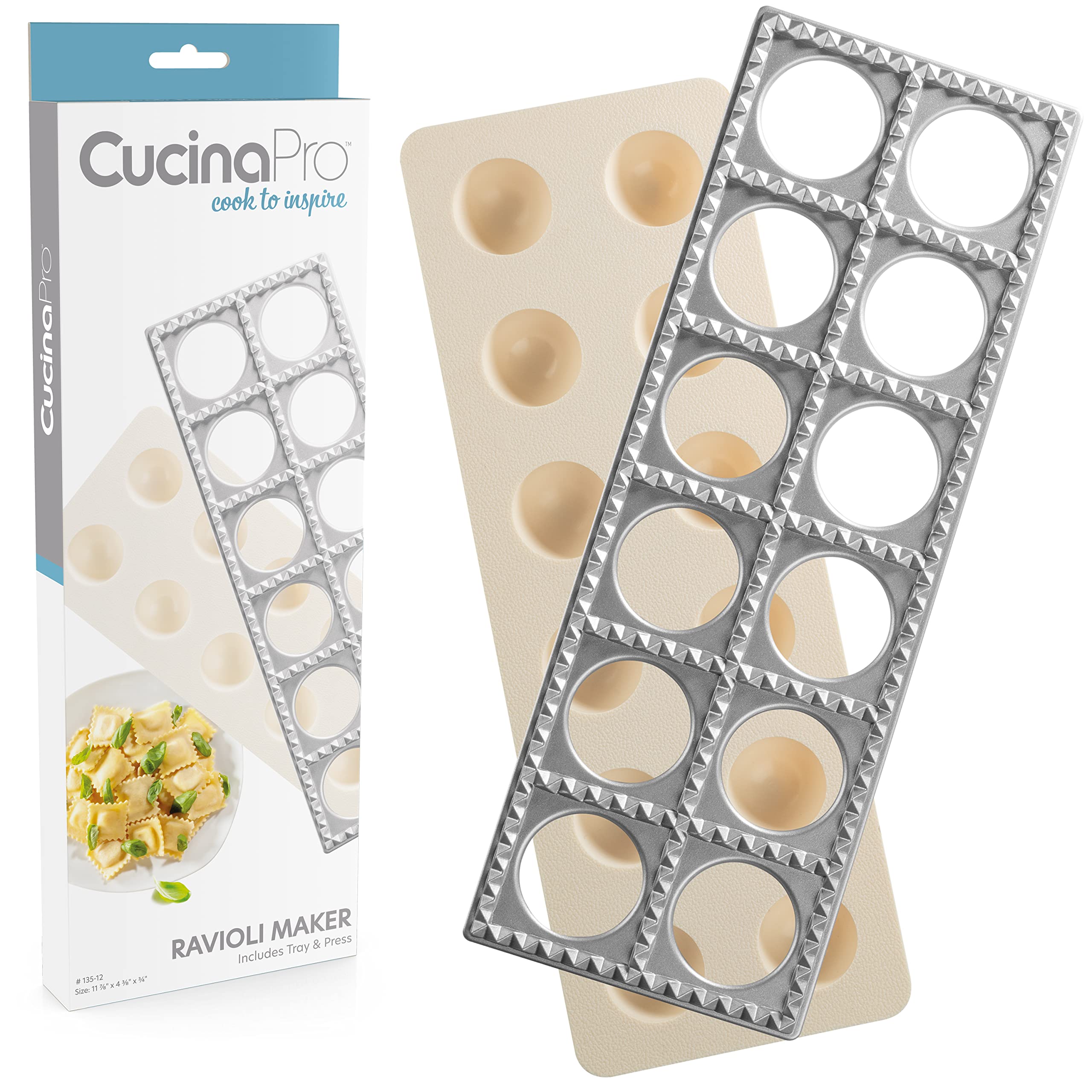 Ravioli Maker By Cucina Pro - Includes Tray And Press Tool - Makes 12 Italian, Authentic Raviolis At A Time, Xl 1 34 Inch Square