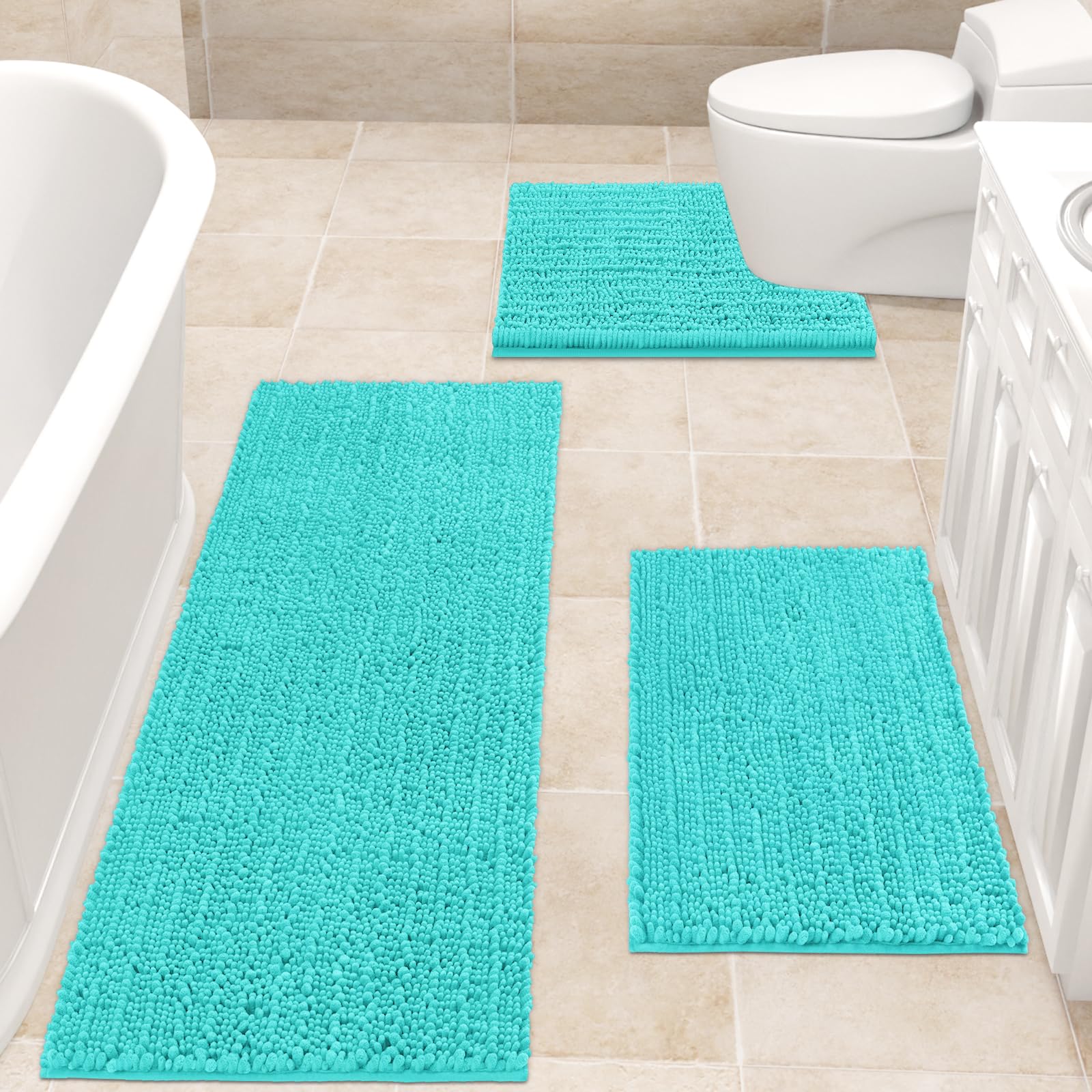 Accumtek Upgrade Extra Large Teal Green Bathroom Rug Set 3 Pieces Ultra Soft, Thick Absorbent Bath Mats, Non Slip Chenille Toile