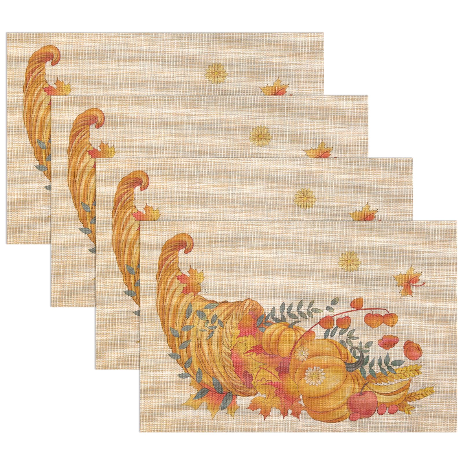 Banchif Thanksgiving Placemats Set of 4 Fall Place Mats Pumpkin Maple Leaves Table Mats Washable Non-Slip Heatproof Woven Placem