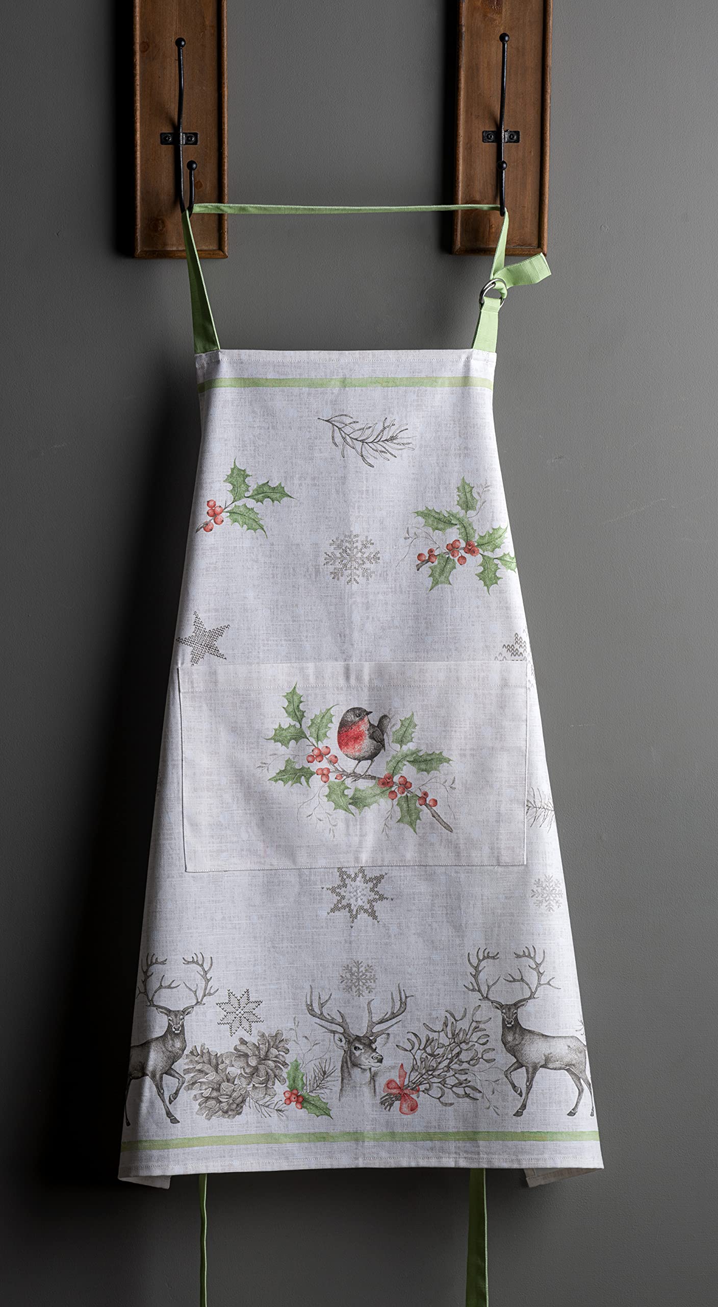 Maison D' Hermine Christmas Dew 100% Cotton 1 Piece Kitchen Apron With An Adjustable Neck & Visible Center Pocket With Long Ties