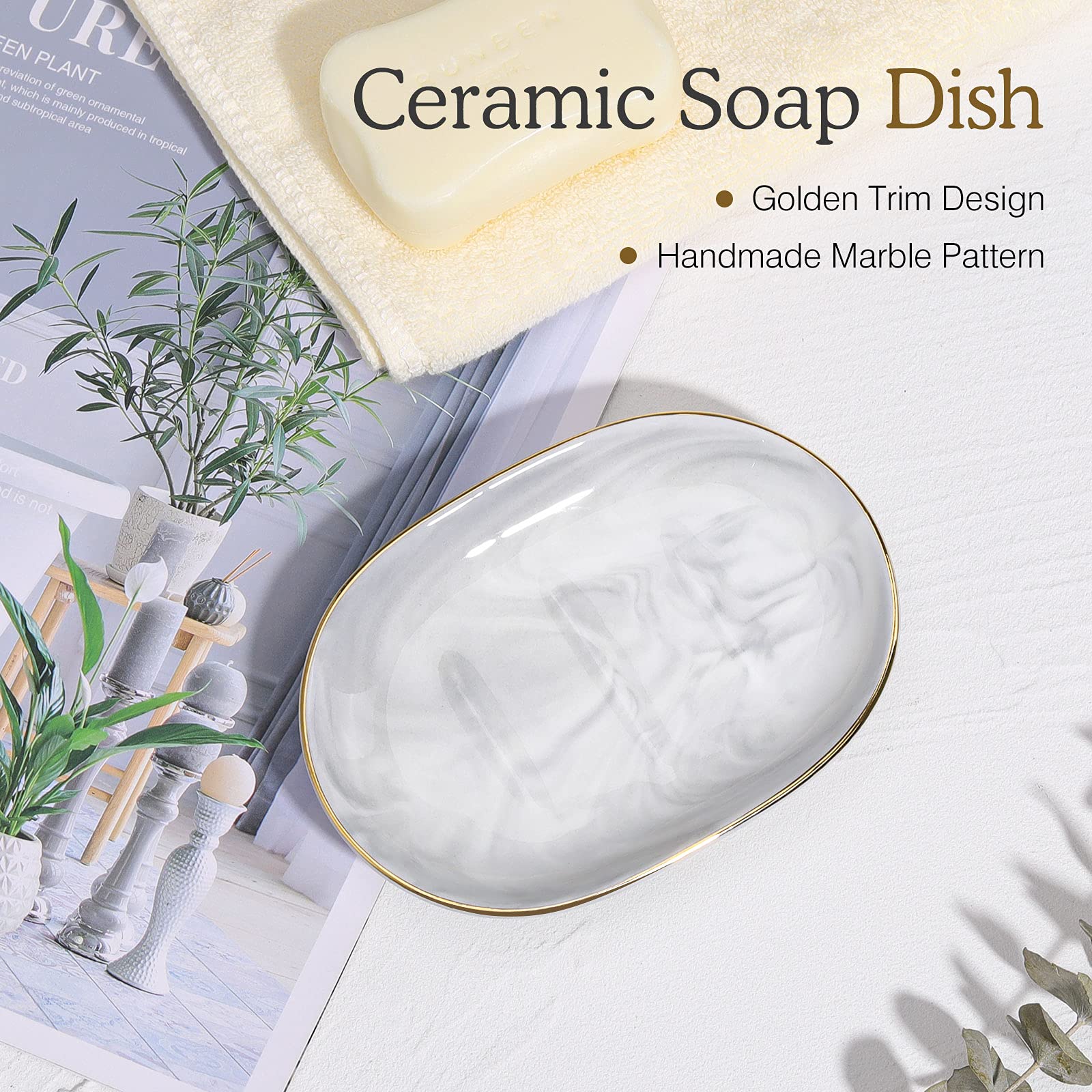 Luxspire Soap Dish Holder, Ceramic Marble Soap Tray Bar Soap Holder With Gold Trim, Oval Sponge Case Box Hand Soap Plate Contain