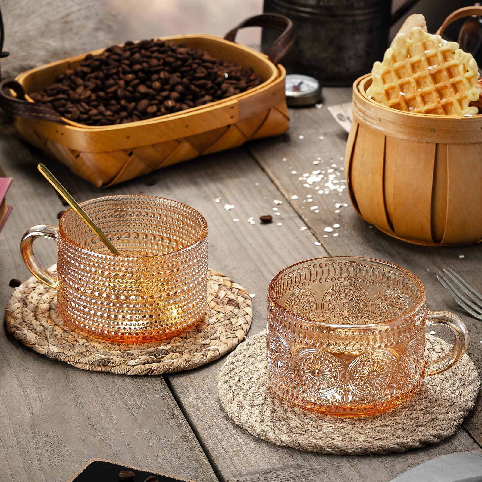 Gezzeny Vintage Coffee Mugs 14 Oz Set Of 2 Amber Embossed Glass Tea Cups For Cappccino, Latte,Cereal, Yogurt, Beverage Christmas