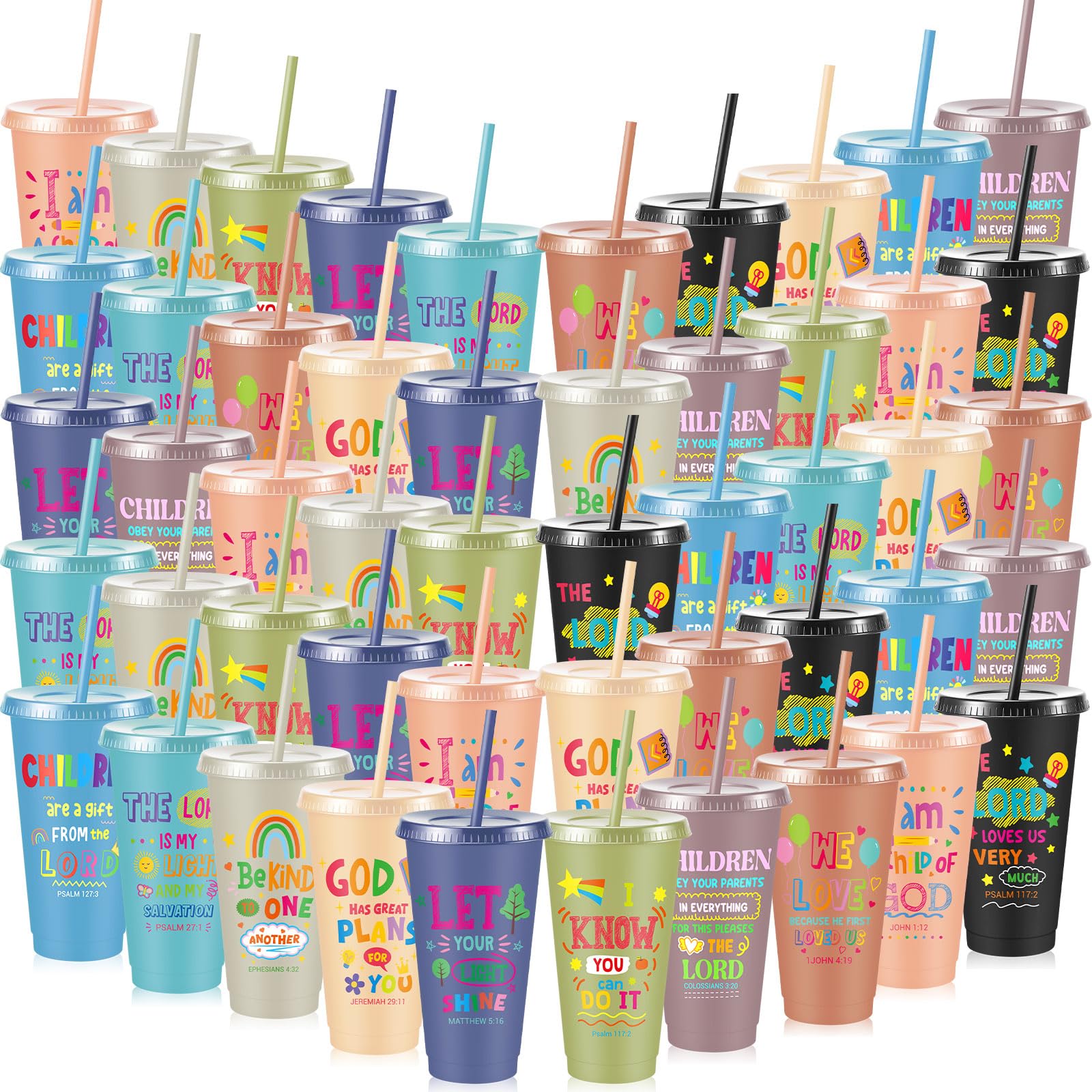 Uiifan 50 Pcs Morandi Christian Cups for Kids, 24oz Pastel Reusable Plastic Tumblers with Lids and Straws, Bible Verse Party Cup