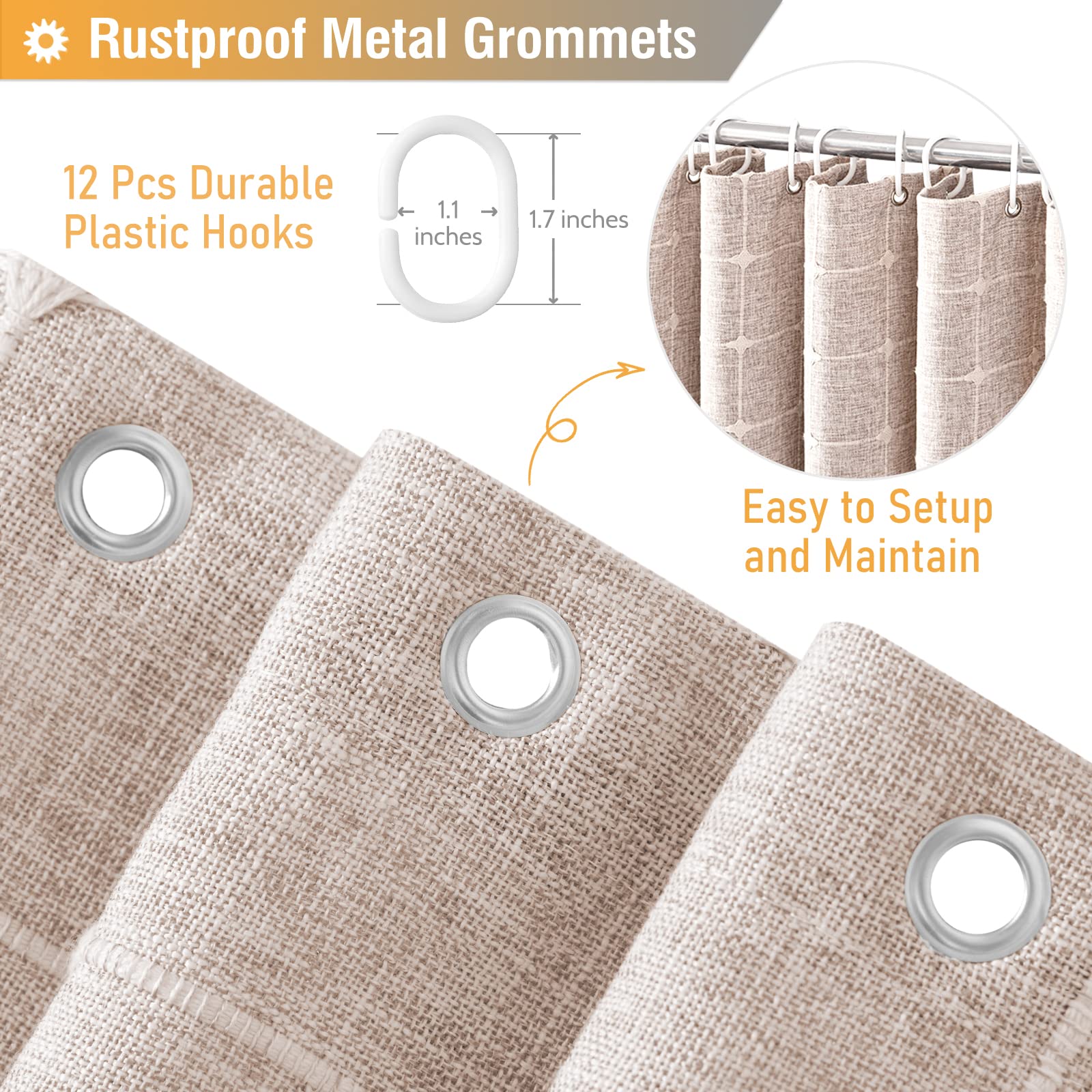 BTTN Extra Long Shower Curtain - 72x84 Inch Long Boho Linen Thick Fabric Shower Curtain Set with Plastic Hooks  Tall Farmhouse French Country Chic Macrame Cloth Shower Curtains for Bathroom  Tan/Taupe