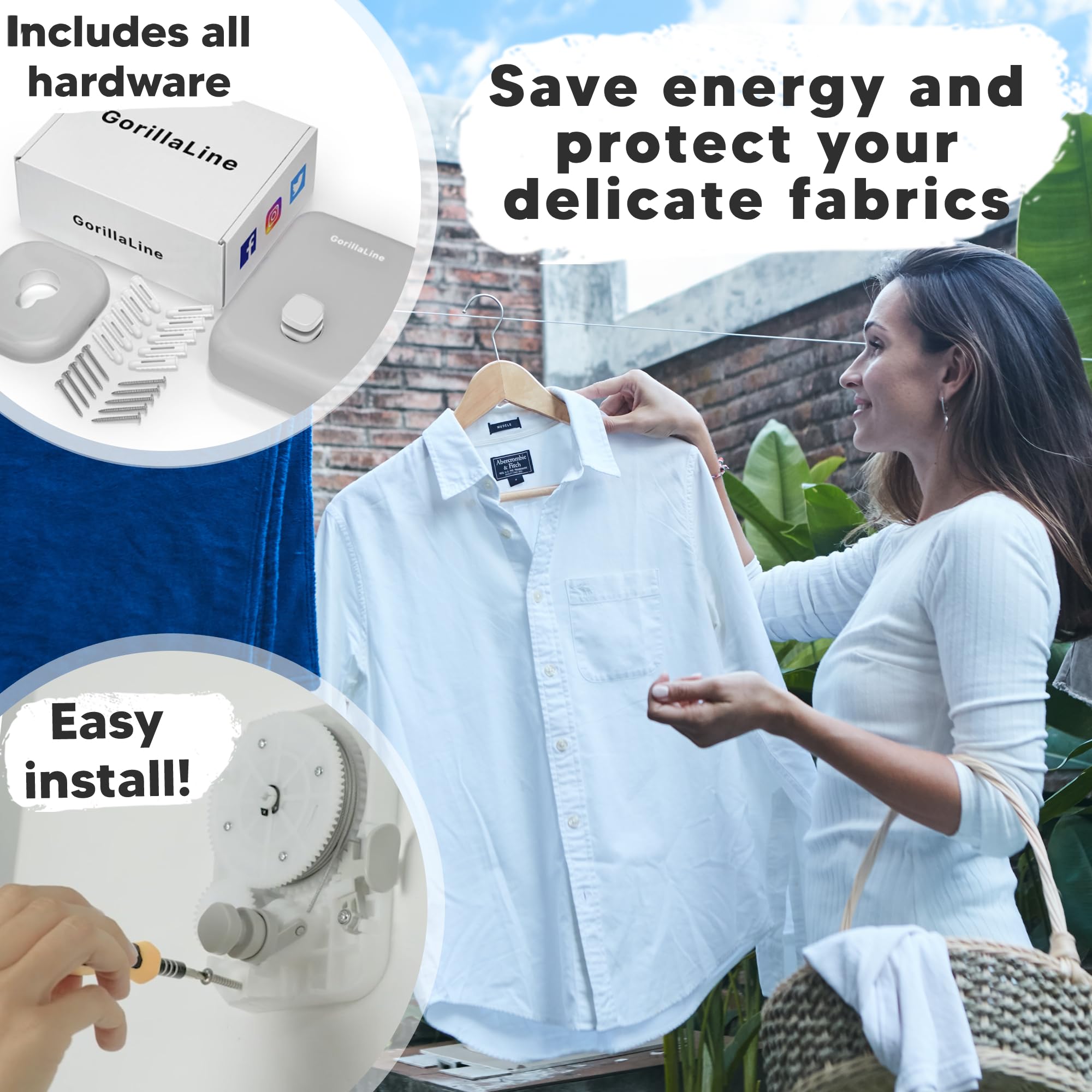 GorillaLine Retractable Clothesline - Heavy Duty Wall Mounted Drying Rack - Medium Light Grey Stainless Steel