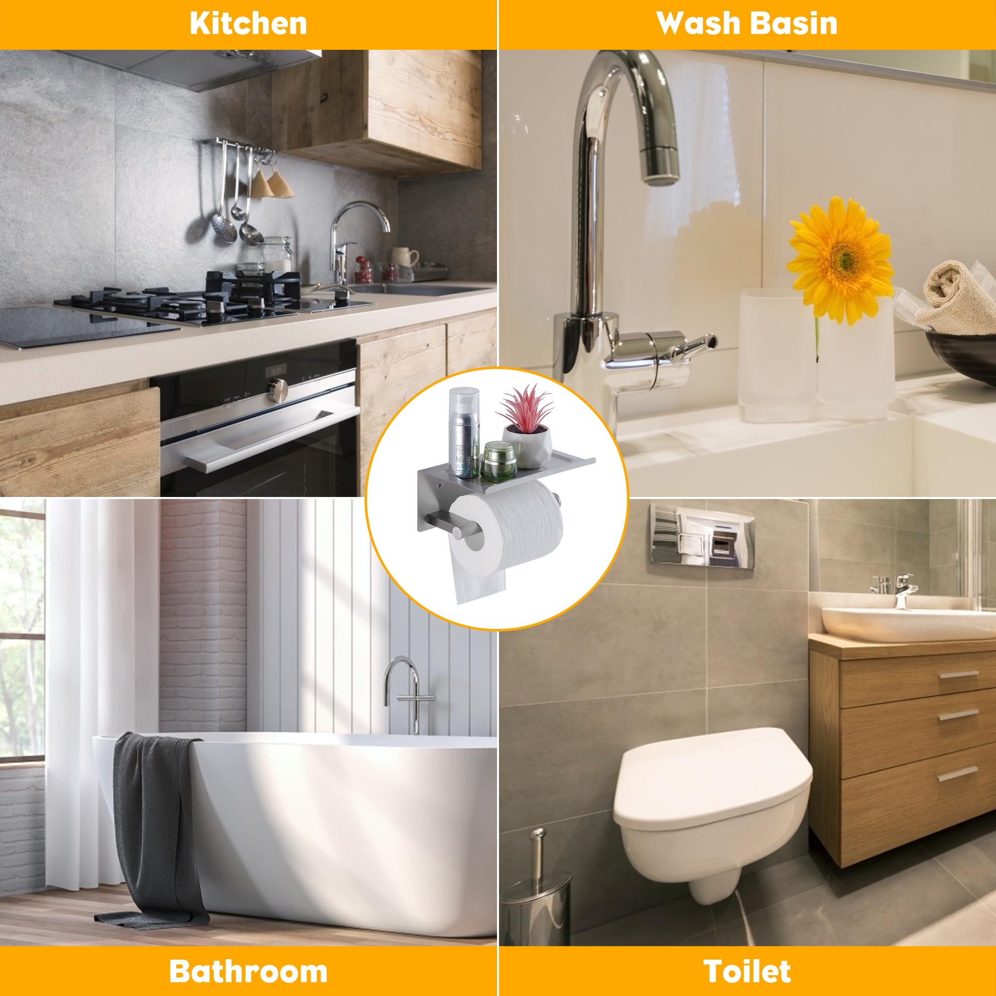 Toilet Paper Holder With Shelf, Wall Mounted Adhesive Holder For Bathroom, Tissue Roll Holder With Phone Storage Shelf, Brushed