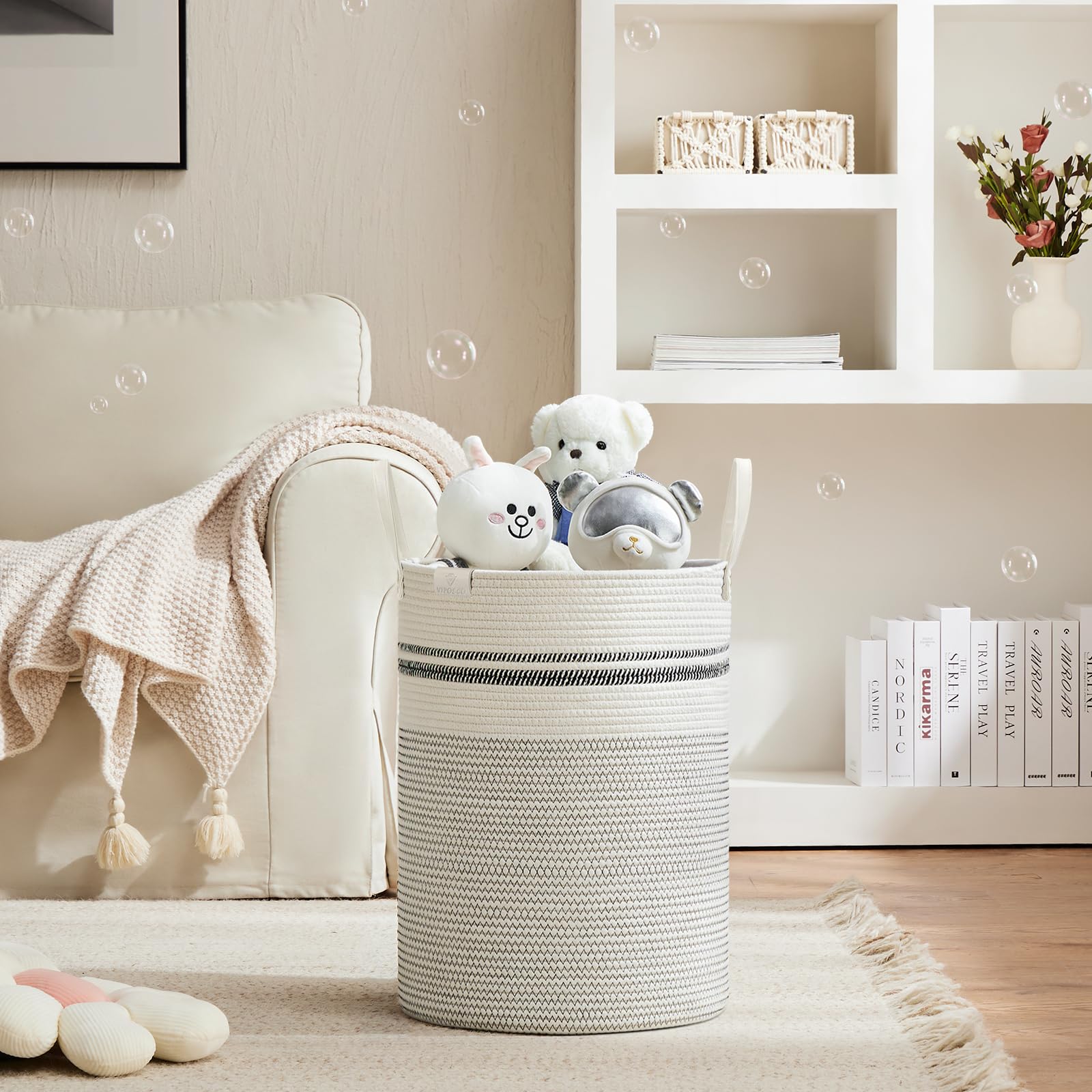 Viposco Tall Laundry Basket, Large Dirty Clothes Hamper With Leather Handle, Woven Rope Storage Basket For Blanket, Toy In Livin