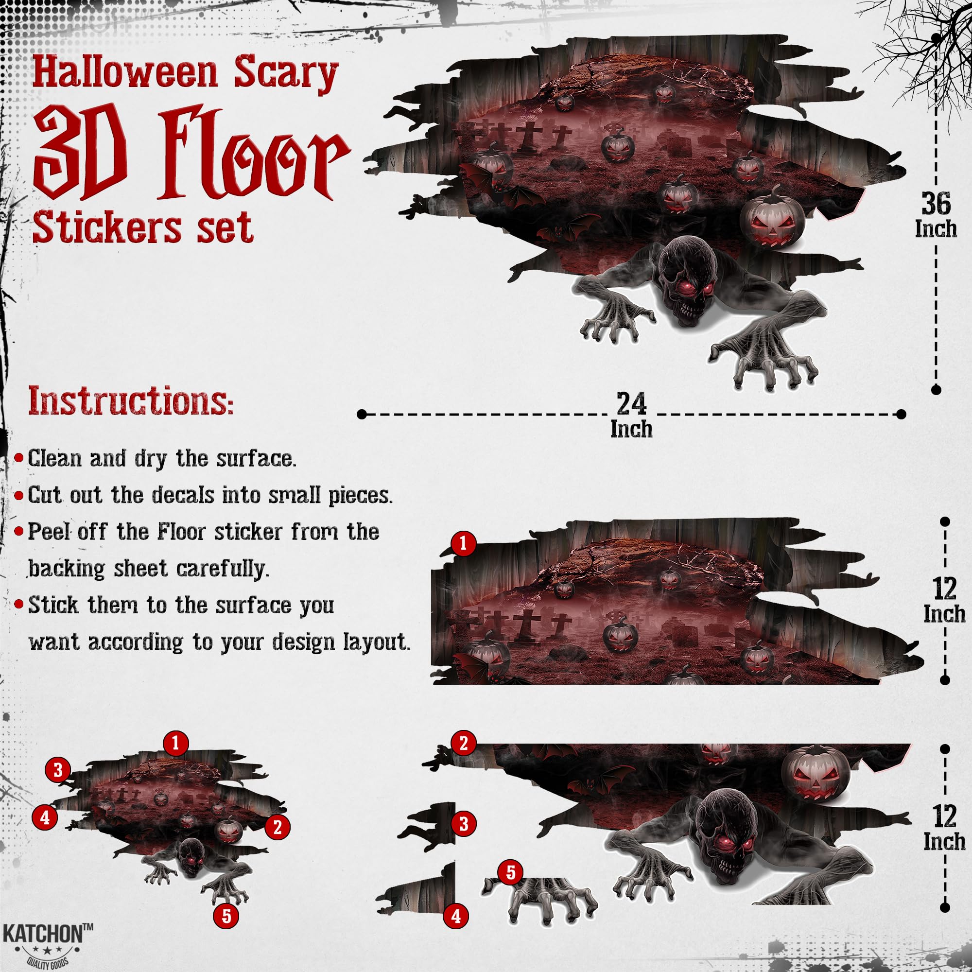 Katchon, 3D Halloween Floor Decals - Large, 36 X 24 Inch | 3D Halloween Floor Stickers For Scary Home Halloween Party Decoration