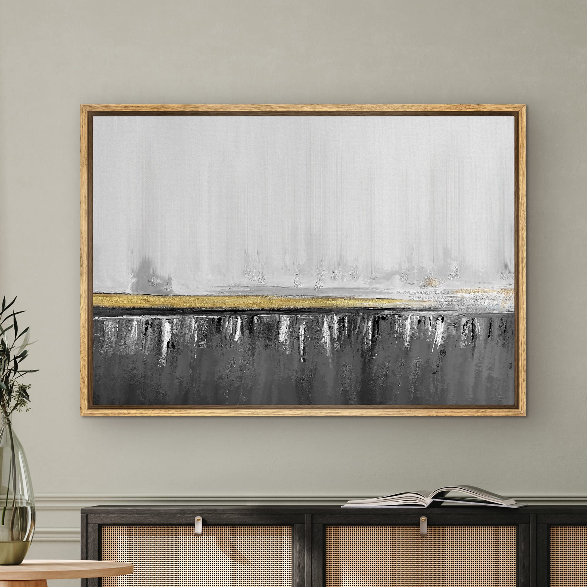 SIGNWIN Framed Canvas Print Wall Art Gold Gray Watercolor Paint Stroke Collage Abstract Shapes Illustrations Modern Art Decorative Elements Colorful for Living Room  Bedroom  Office - 16''x24'' Natural