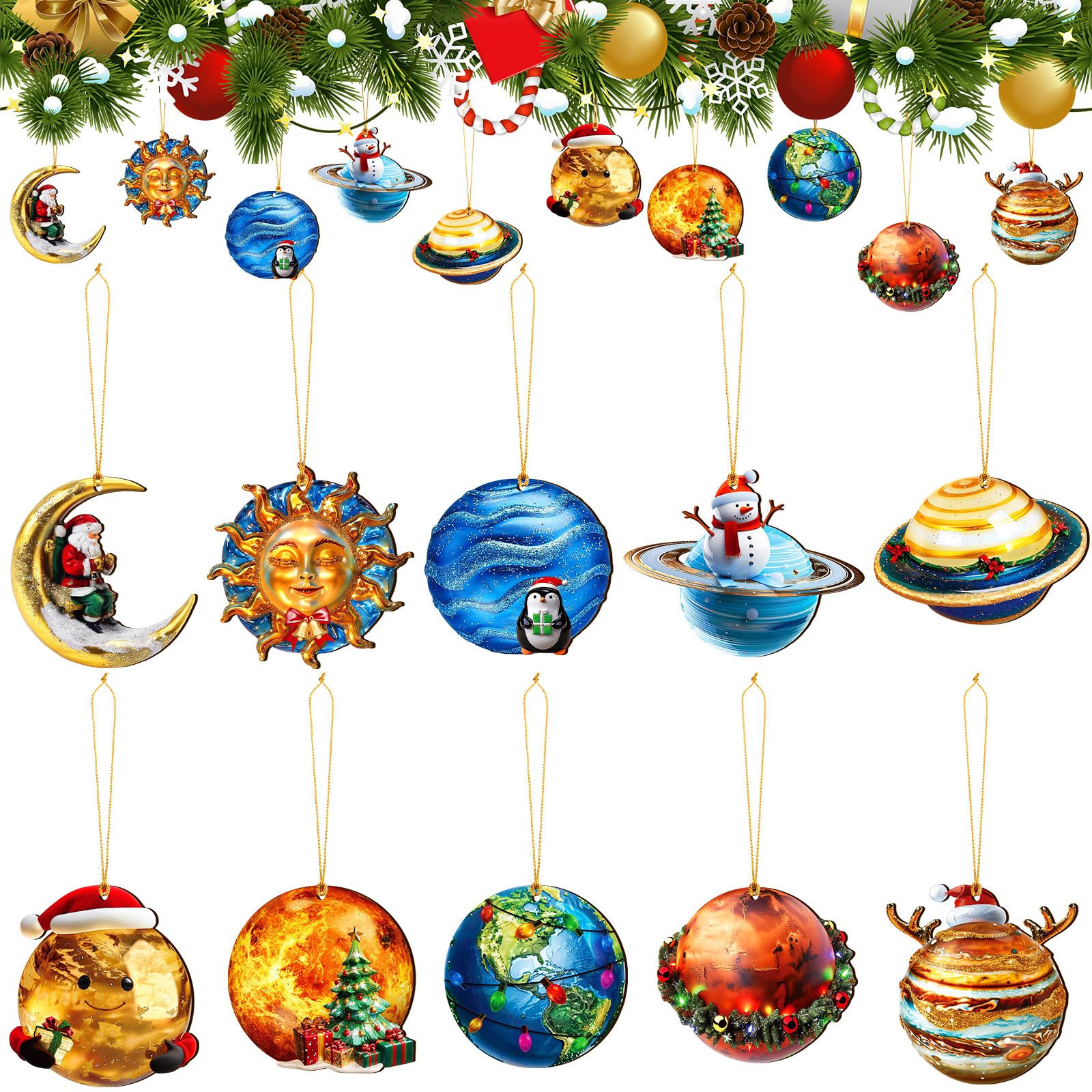 Vercraft 20 Pcs Eight Planets Hanging Christmas Ornaments with Santa Hat Flat Wooden Outer Space Solar System Cutouts Sun Earth 