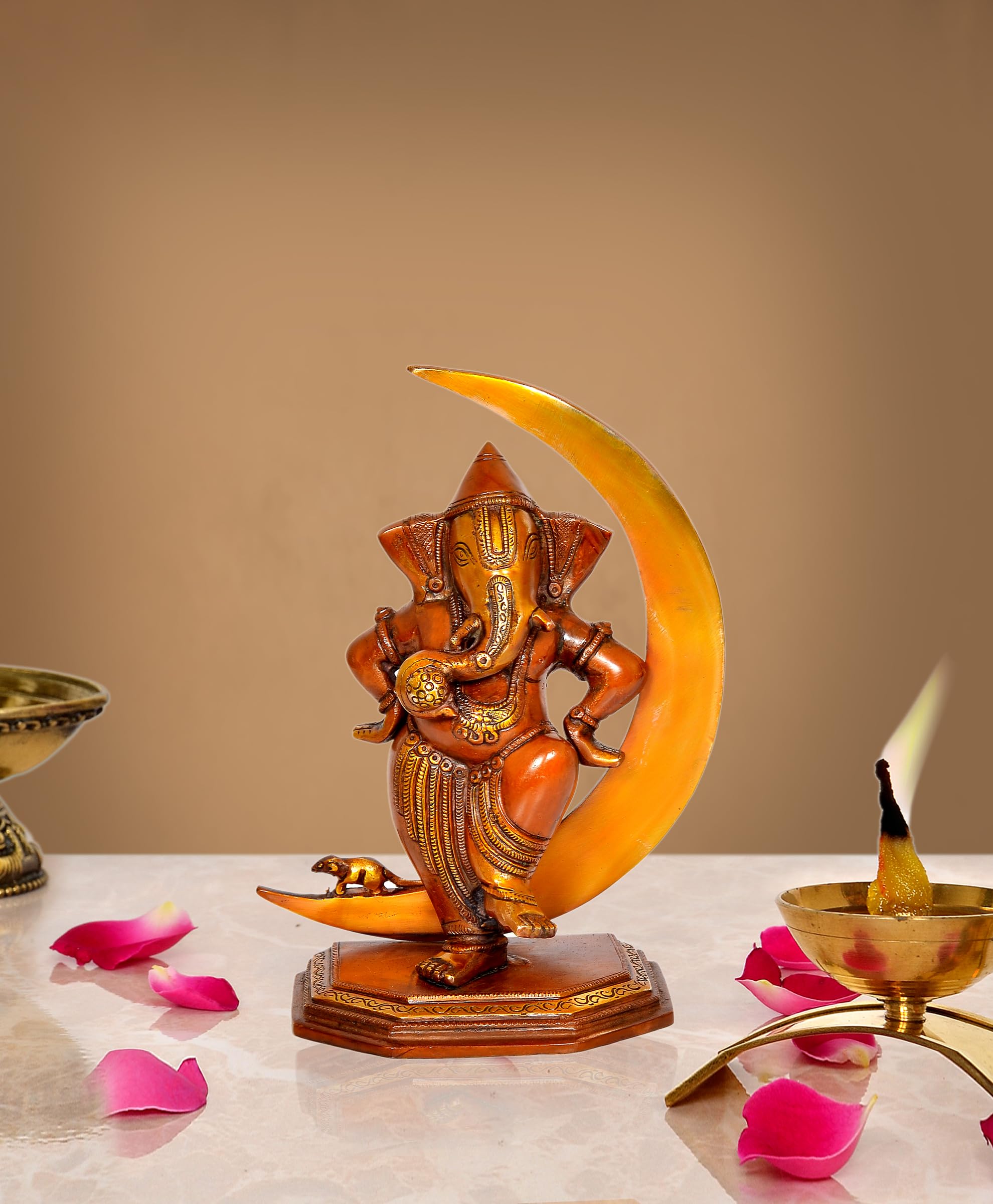 Dattatreya Brass Lord Ganesha Idol Statue Ganesh On Moon Decorative Sculpture For Home Office Temple Showpiece (Height 10 Inch)