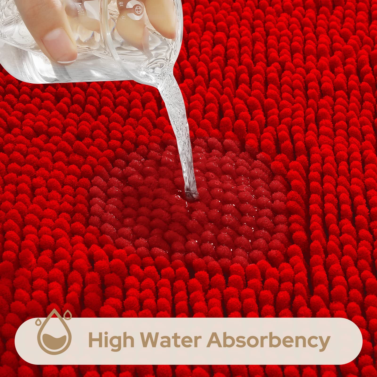 HOMEIDEAS 3 Pieces Bathroom Rugs  Ultra Soft Non Slip Absorbent Chenille Toilet Bath Mat Set (Red)