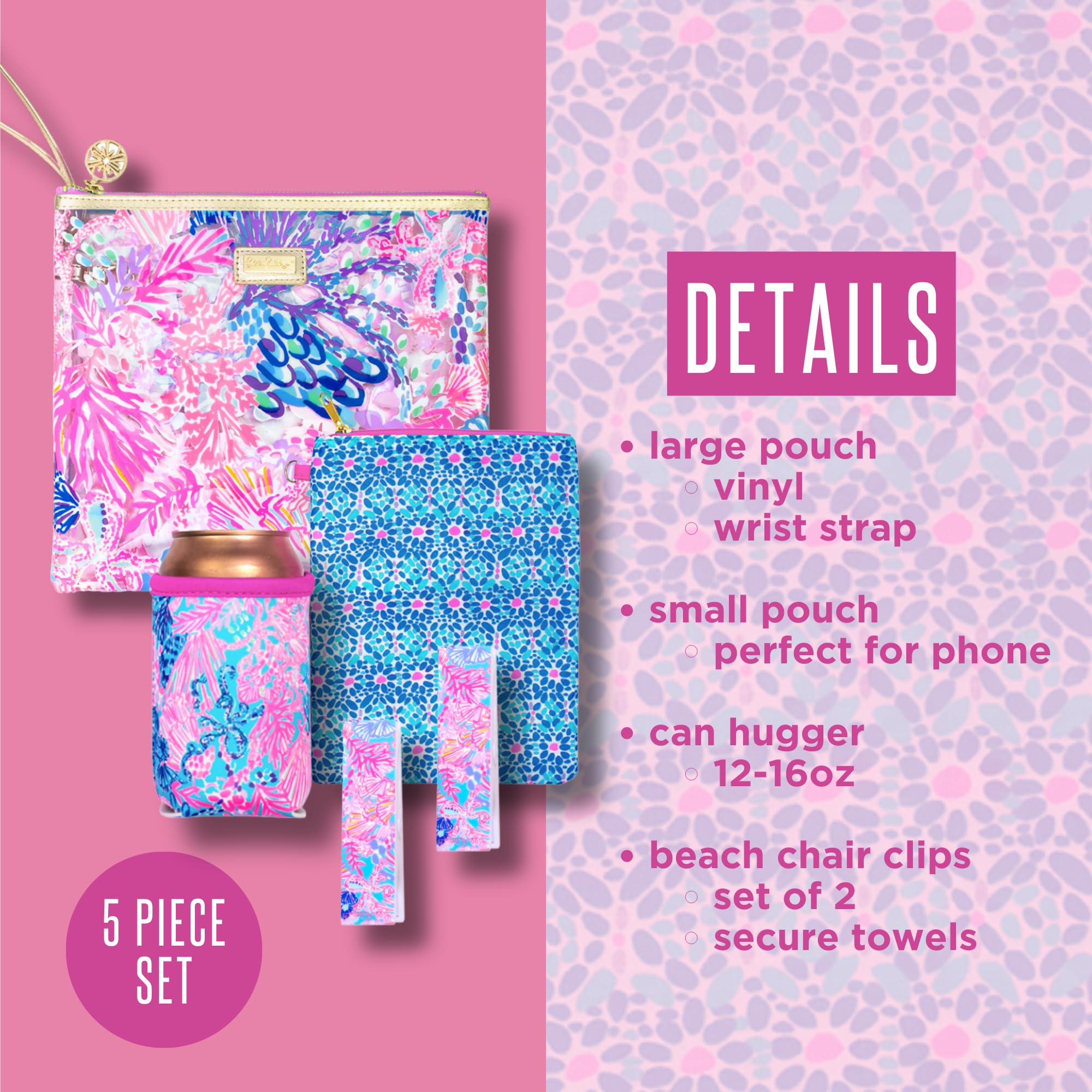 Lilly Pulitzer Water Resistant Vinyl Beach Day Pouch, Zipper Bag Includes Drink Hugger, Small Pouch, And Towel Clips, Splendor I