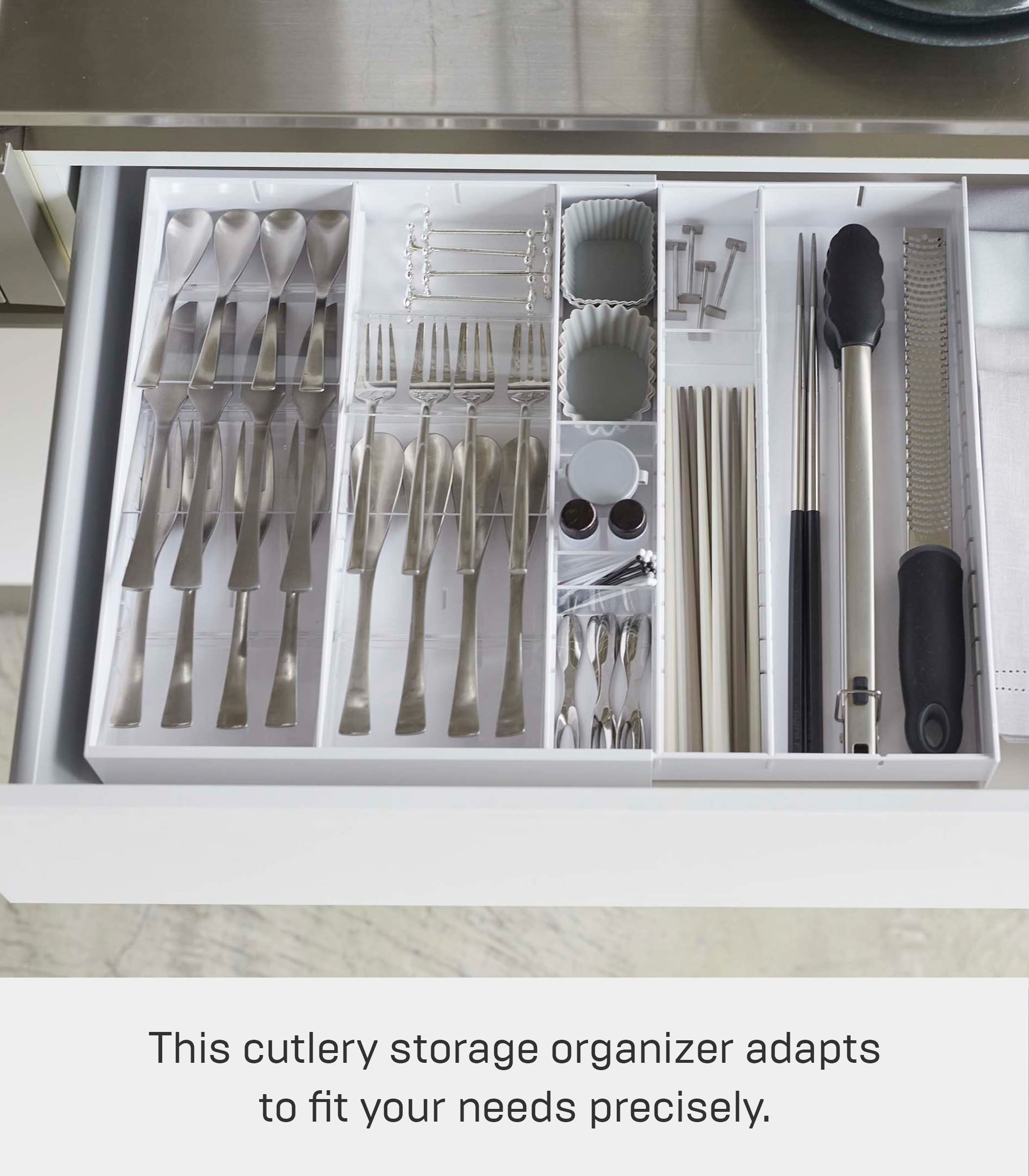 Yamazaki Home Expandable Cutlery Kitchen Angled Utensils Storage Multi-Compartment Silverware Organizer Drawer Insert Tray  Plastic  Adjustable  Expandable  No Assembly Req