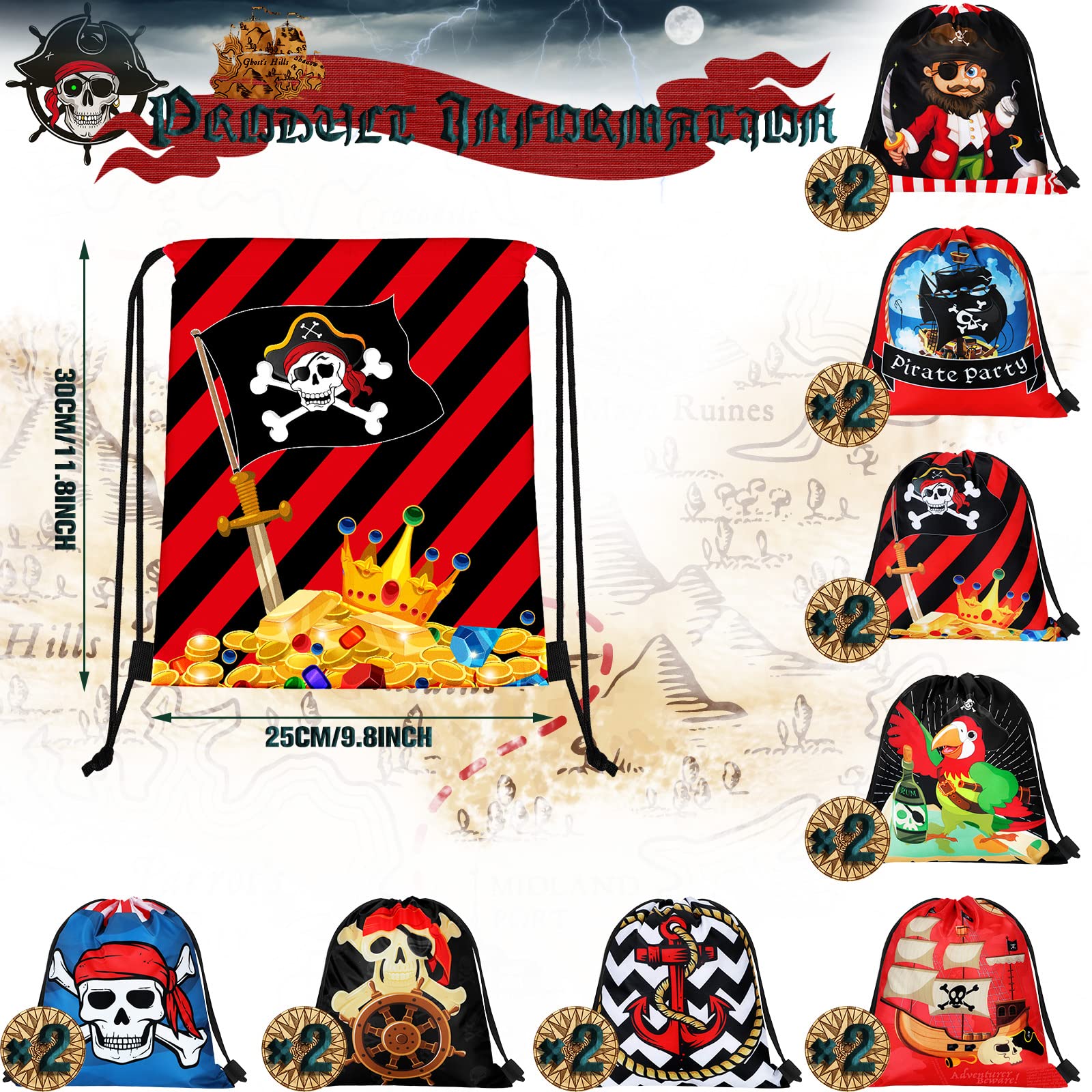 Woanger 16 Pcs Pirate Party Favor Bags Pirate Drawstring Bags For Kids Captain Skull Party Goodie Gift For Halloween Cosplay Adv
