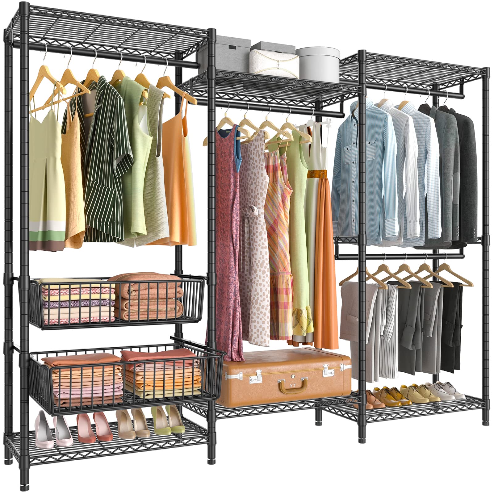 Vipek V10 Wire Garment Rack 5 Tiers Heavy Duty Clothes Rack With Hanging Rods, Wire Shelves & 2 Slid Storage Baskets, Large Size