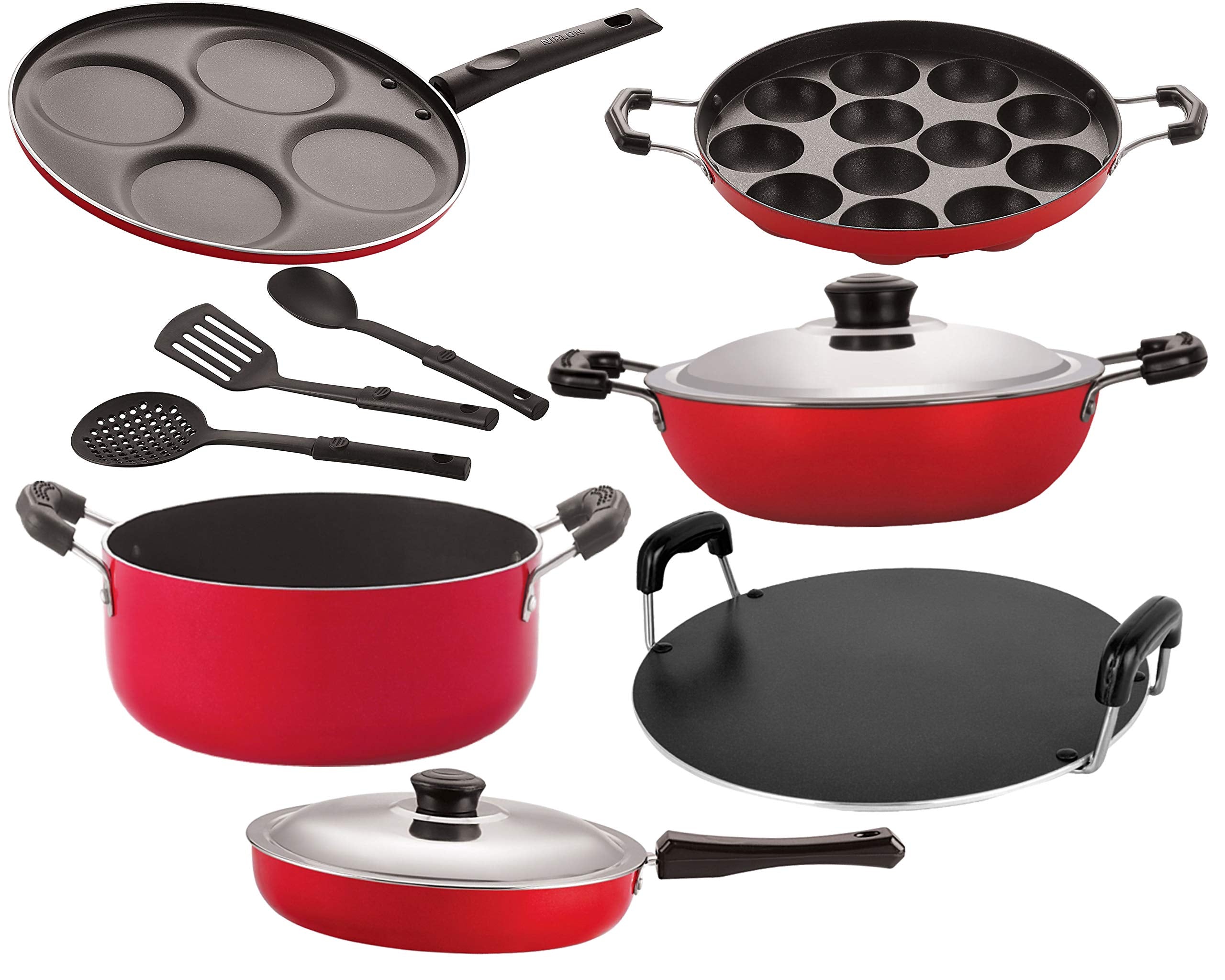 Nirlon Non Stick Stain Resistance NonInduction Kitchen Essential Cookware Set9 Pieces [26_Fp12_Dkdb_Ap_Rt_Cass20_Up4_3Spn]