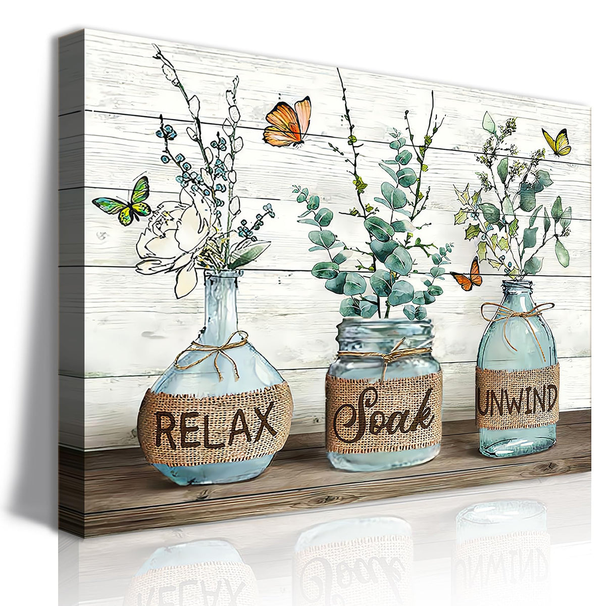 Bjvjksu Farmhouse Bathroom Wall Art Rustic Green Botanical Bathroom Canvas Wall Decor Bathroom Relax Soak Unwind Painting Print