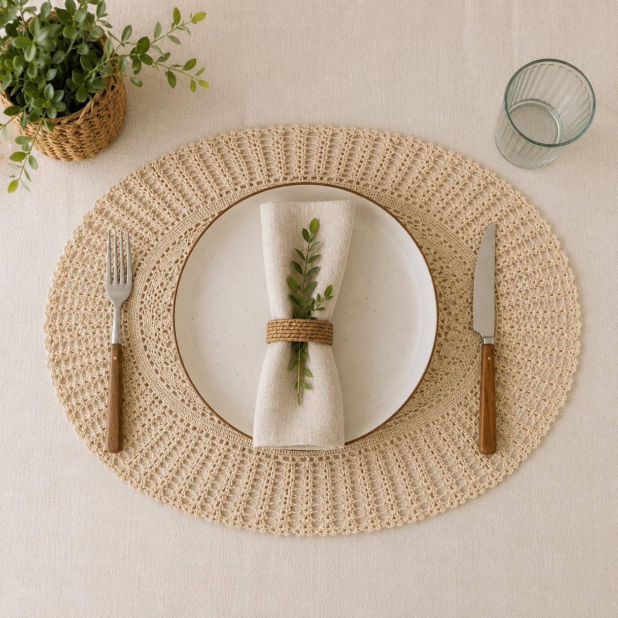 Handmade Crochet Oval Placemat, Natural Beige Cotton, Elegant Lace Pattern, Dining Table Decor Set of Two