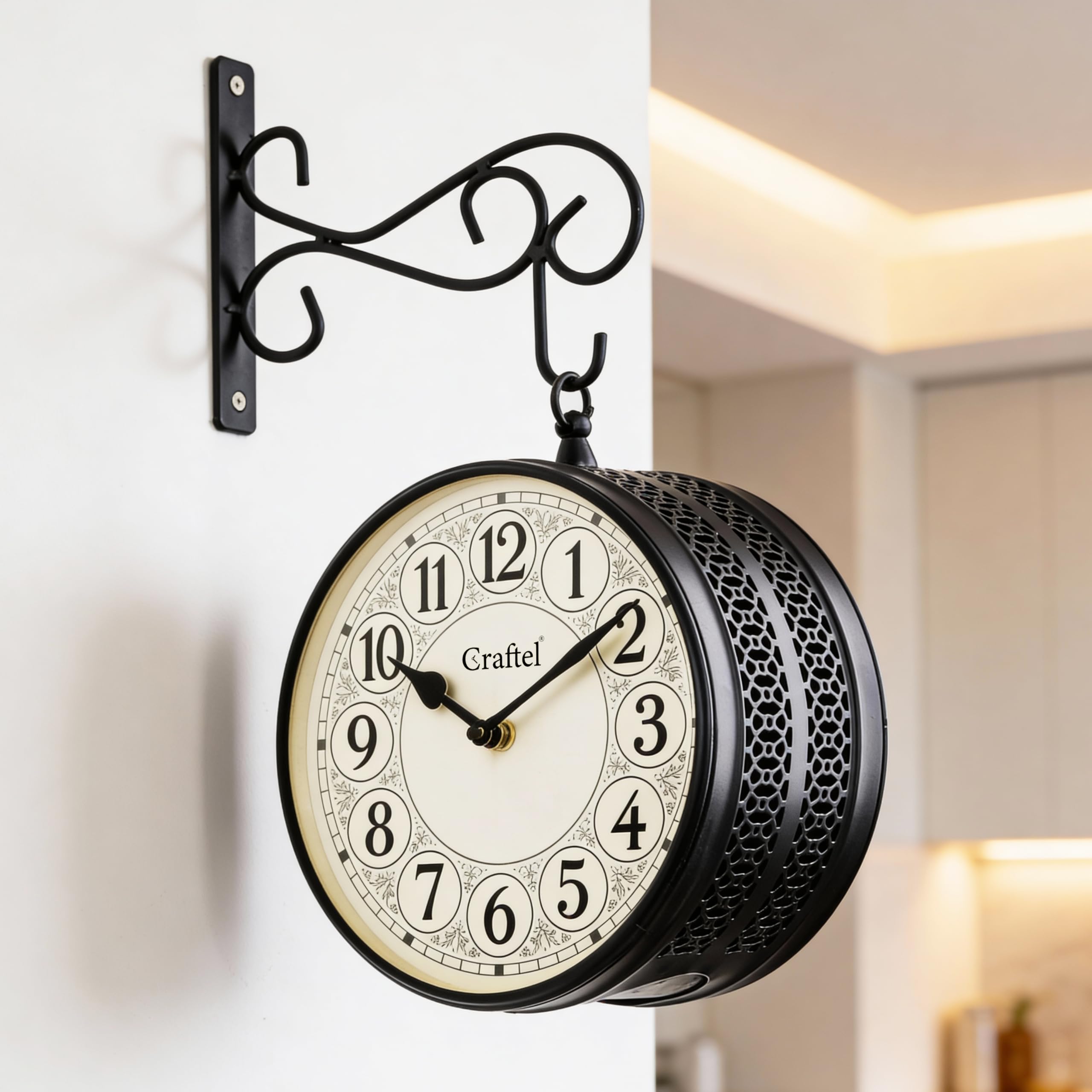 Craftel Metal Analog Double Sided Vintage Station Wall Clocks (One Side English Other Side Roman, Matte Black - 8 Inches)