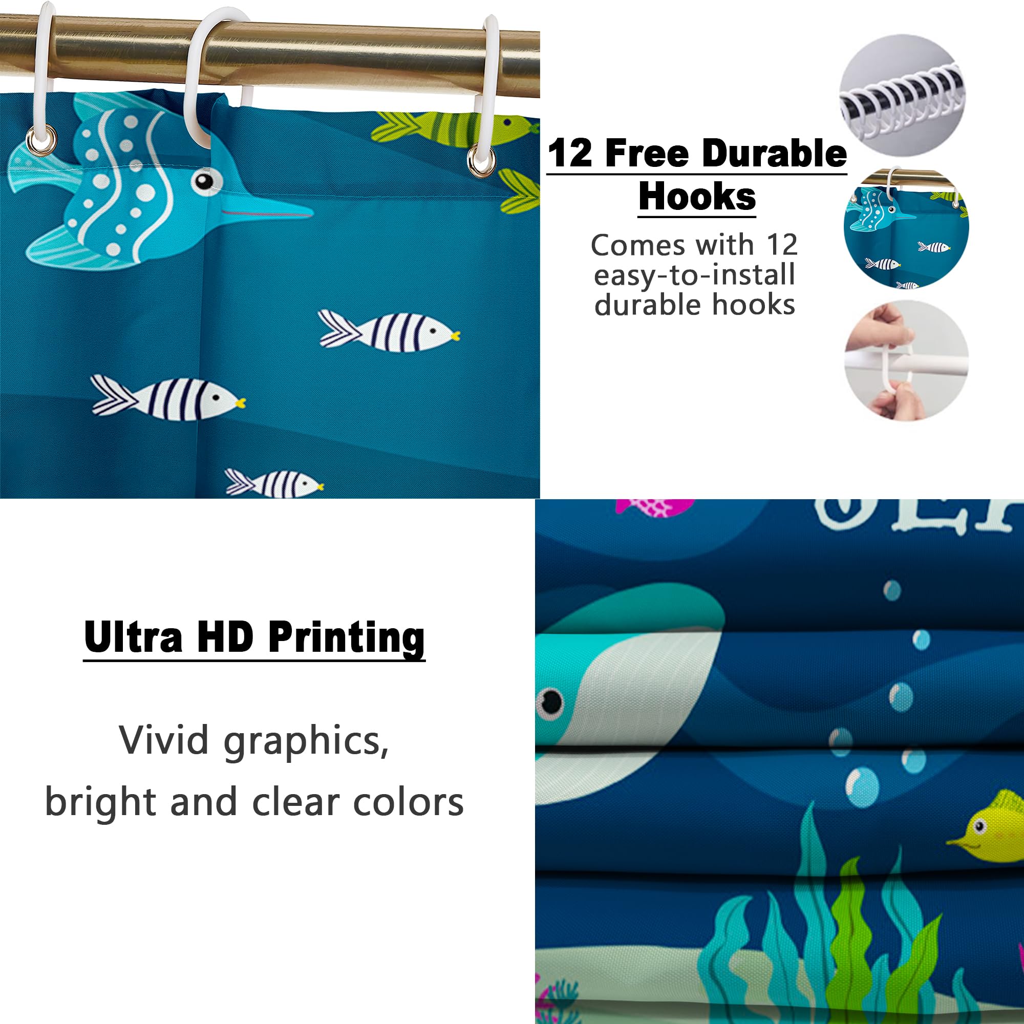 Poedist 4 Pcs Bathroom Shower Curtain Sets,Kid'S Shower Curtain Sets With Rugs(Bath Mat,U Shape And Toilet Lid Cover Mat) And 12