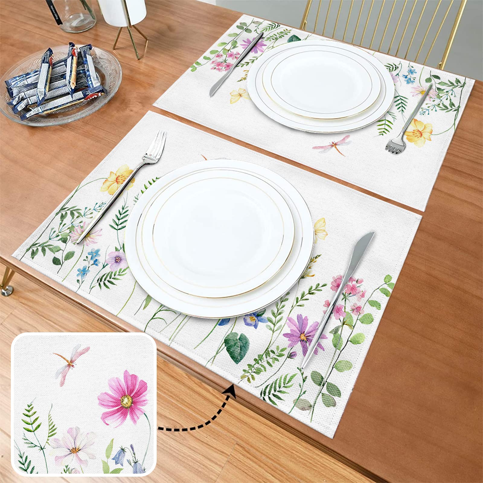Placemats Set Of 4, Spring Summer Floral Non Slip Heat Resistant Cotton Linen Fabric Cloth Place Mats, White Square Washable Hol