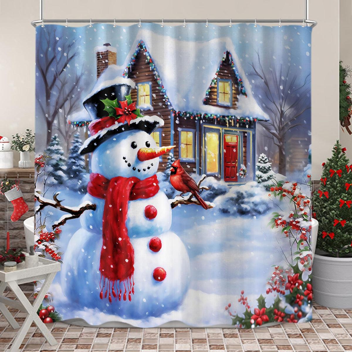 Sanzugh Christmas Snowman Shower Curtain, Winter Cardinal Snow Farmhouse Fabric Shower Curtains Set For Bathroom Decoration With