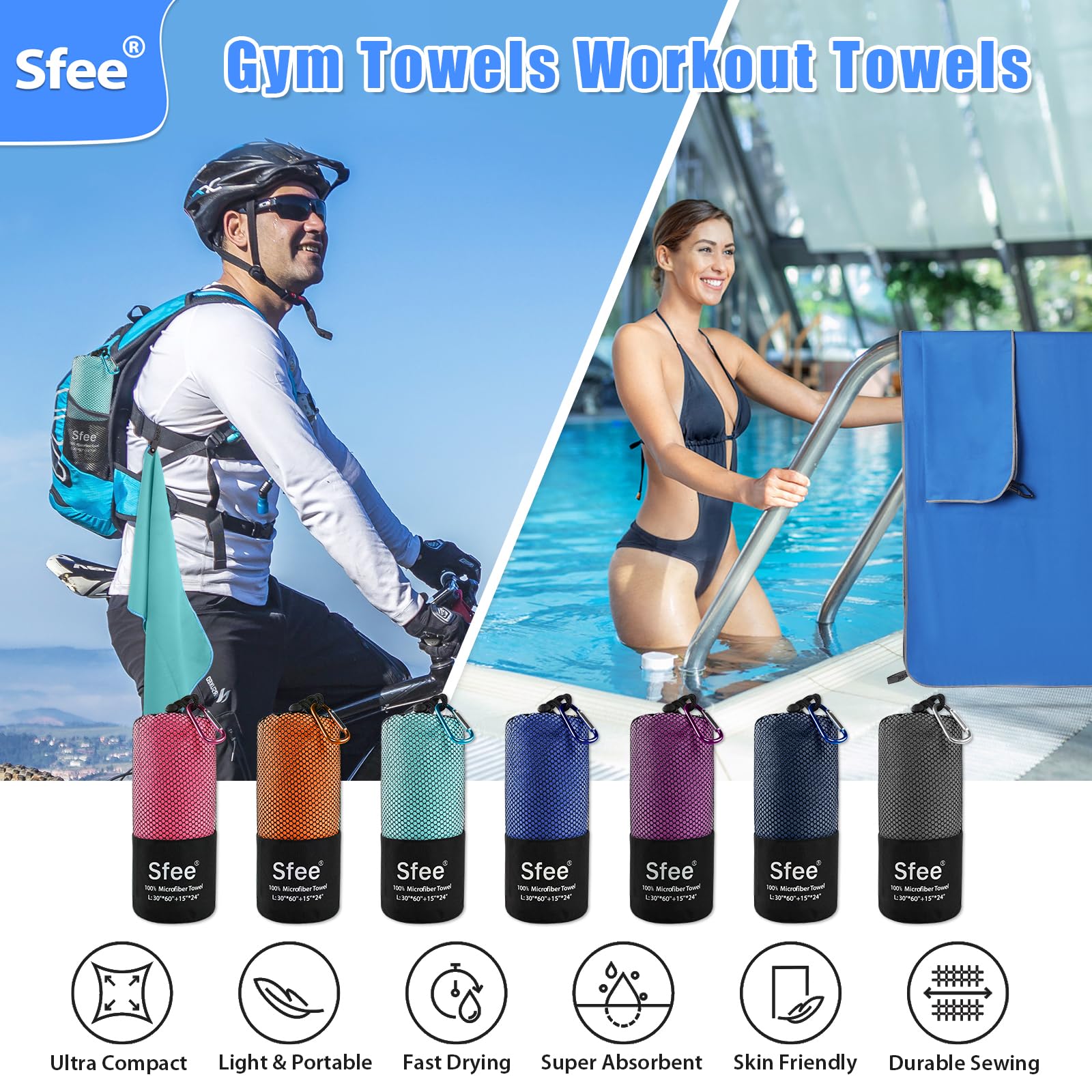 Sfee 2 Pack Microfiber Travel Towel  Quick Dry Towel Camping Towel Super Absorbent Compact Lightweight Sports Towel Swim Towel Gym Towel Beach Towel Set for Gym  Hiking  Pool  Backpacking  Bath  Yoga