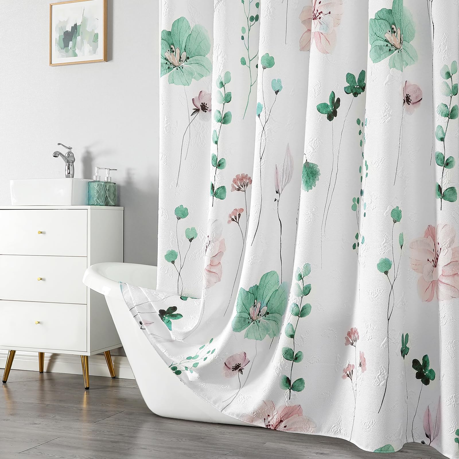 Qiyi Watercolor Floral Shower Curtain, 3D Embossed Butterflies Sage Green Flower Bathroom Curtain, Minimalist White Cloth Bath C