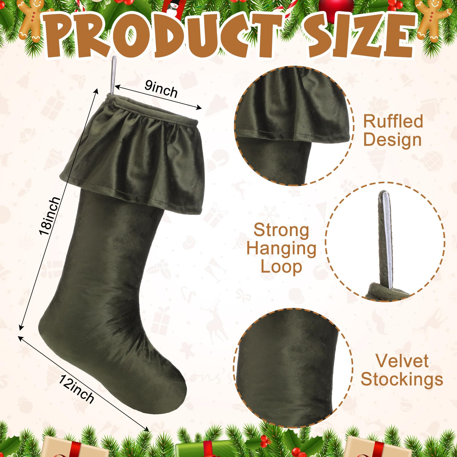Kinlop 4 Pack 18 Inch Neutral Christmas Velvet Stocking Ruffled Design Large Christmas Stockings with Hanging Loops for Fireplac