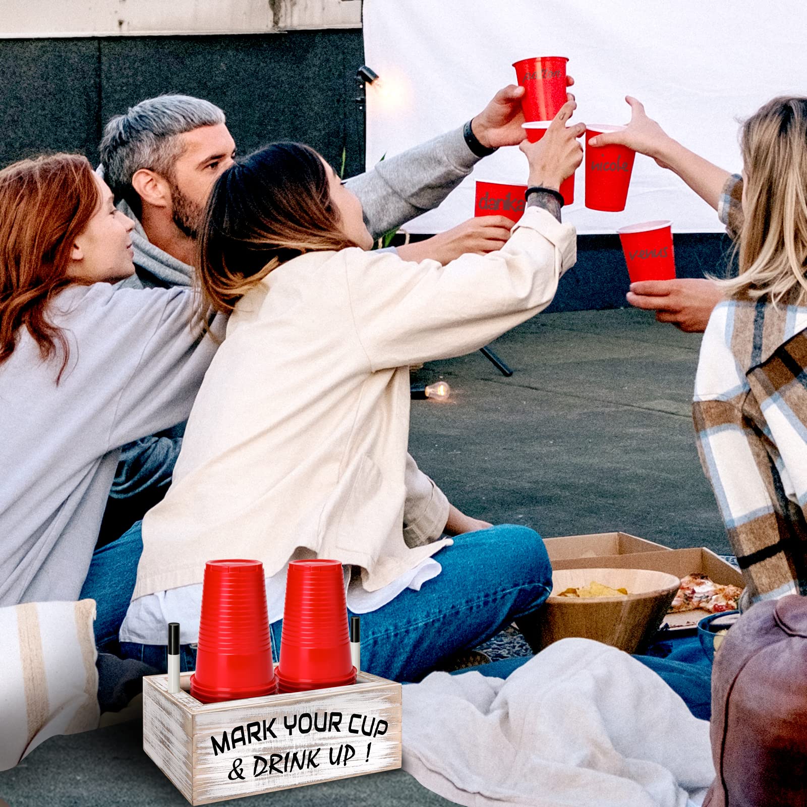 Wood Double Disposable Cup Holder With Marker Slot, Mark Your Cup And Drink Up Plastic Cup Organizer Drink Dispenser For Wedding