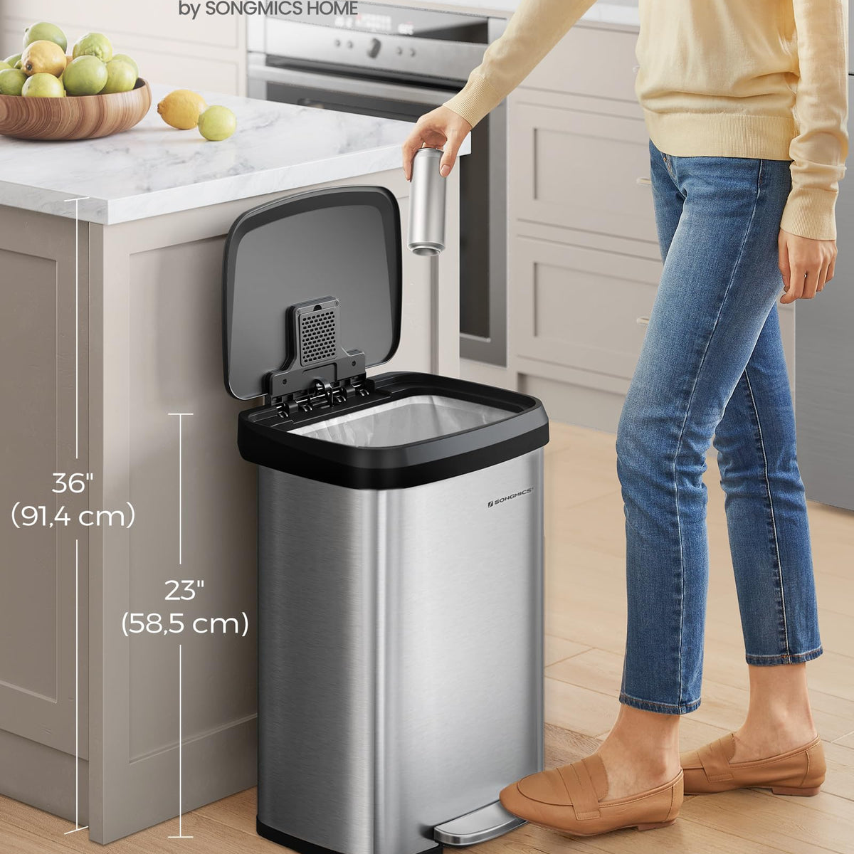 Songmics Kitchen Trash Can, 13 Gallon (50 L) Stainless Steel Garbage C ...